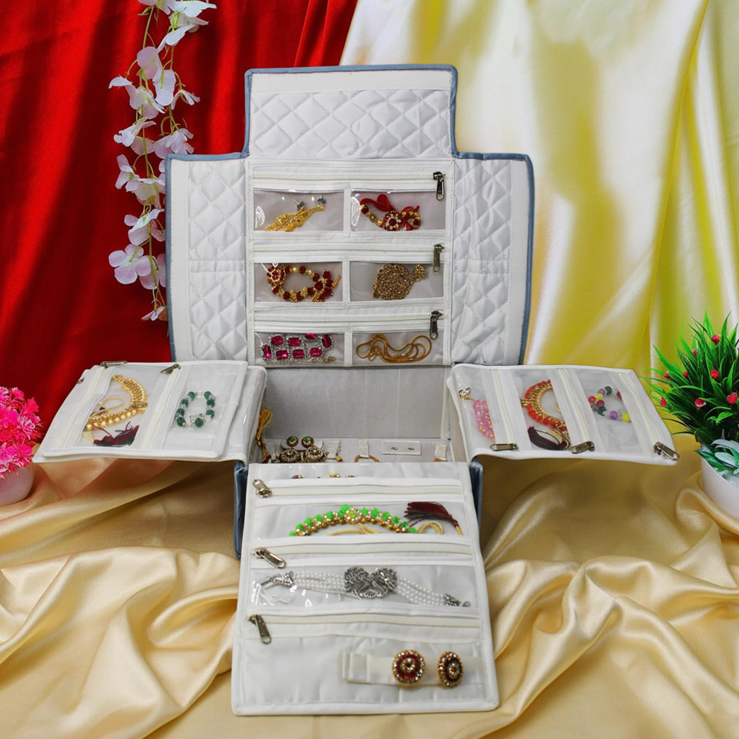 atorakushon Organizador de viaje plegable transparente con cremallera para collares, aretes, anillos, pulseras, color gris