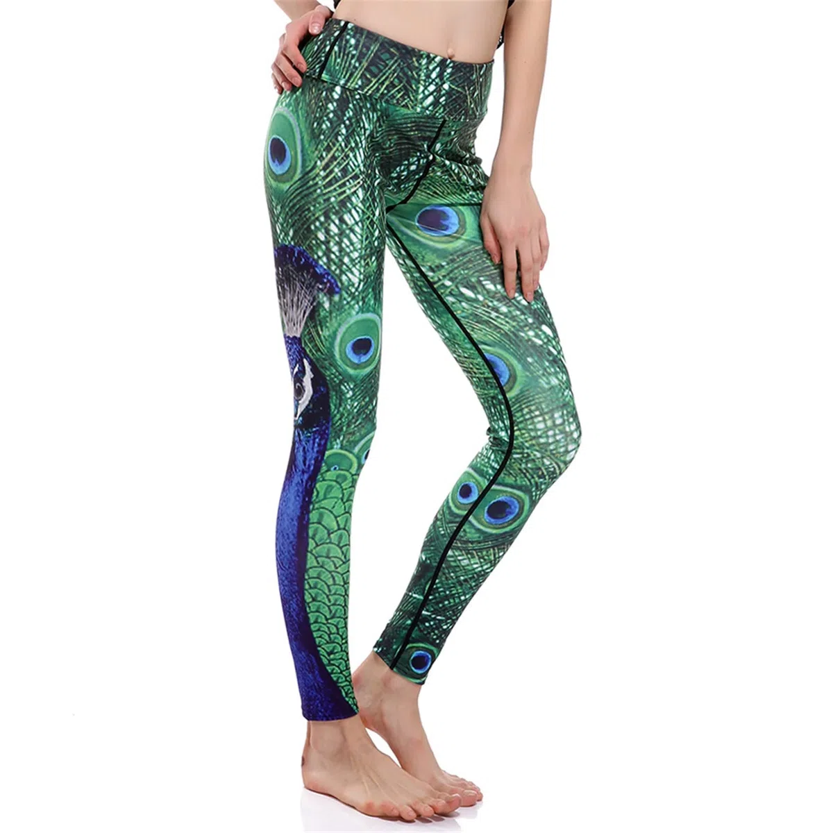 Leggins Mujer Fitness Mallas Deportivo Pilates, Pavo de pavo real Impresiones de plumas Leggings Longitud de tobillo Levantamiento de culo Pantalones de yoga Pantalones deportivos flacos Seco rápido F