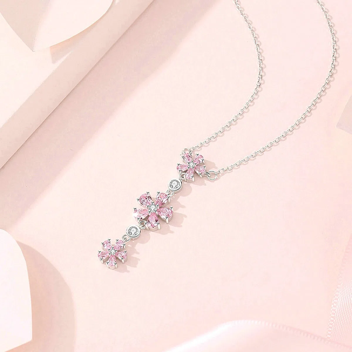 Collar con colgante para mujer de oro blanco 750 585 375, colgante de flores con zafiro rosa y diamante, cadena de oro blanco, 45 cm, sin níquel