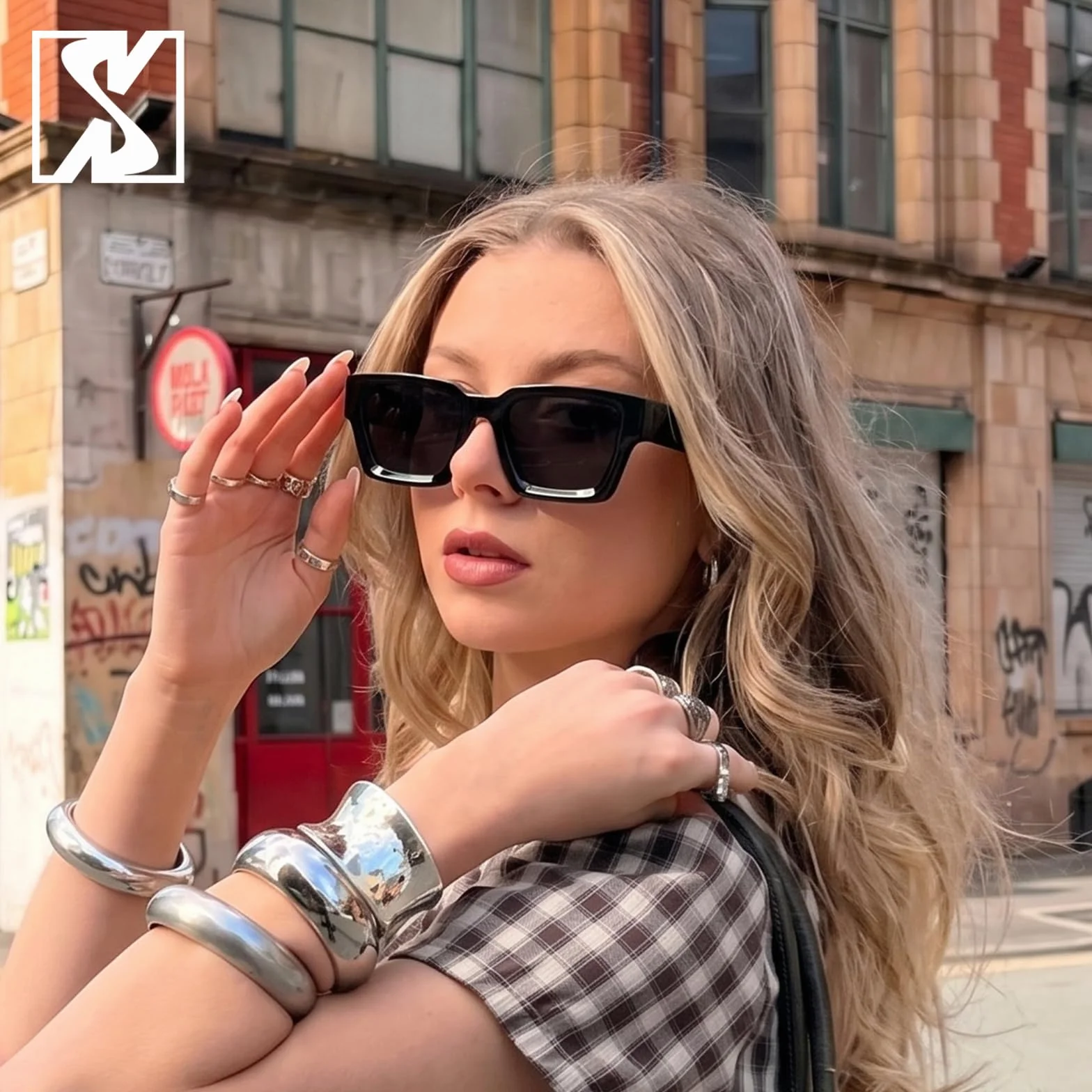 SHEEN KELLY Okulary przeciwsłoneczne prostokątne czarne oprawka w stylu żółwia