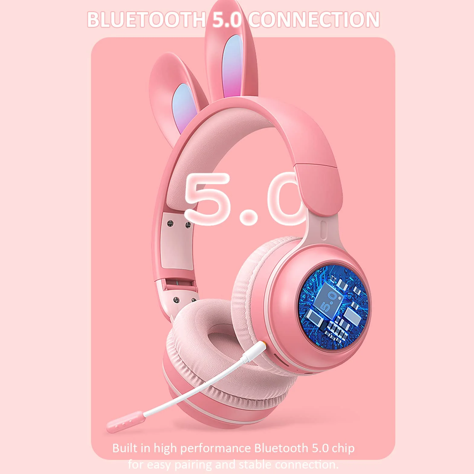Auriculares para Niños, Auriculares Bluetooth 5.0 con Oreja de Conejo, Auriculares Inalámbricos Plegables con Luz LED sobre la Oreja, Soporte TF/AUX, Regalos para Niños, Niños Pequeños,(Rosado)