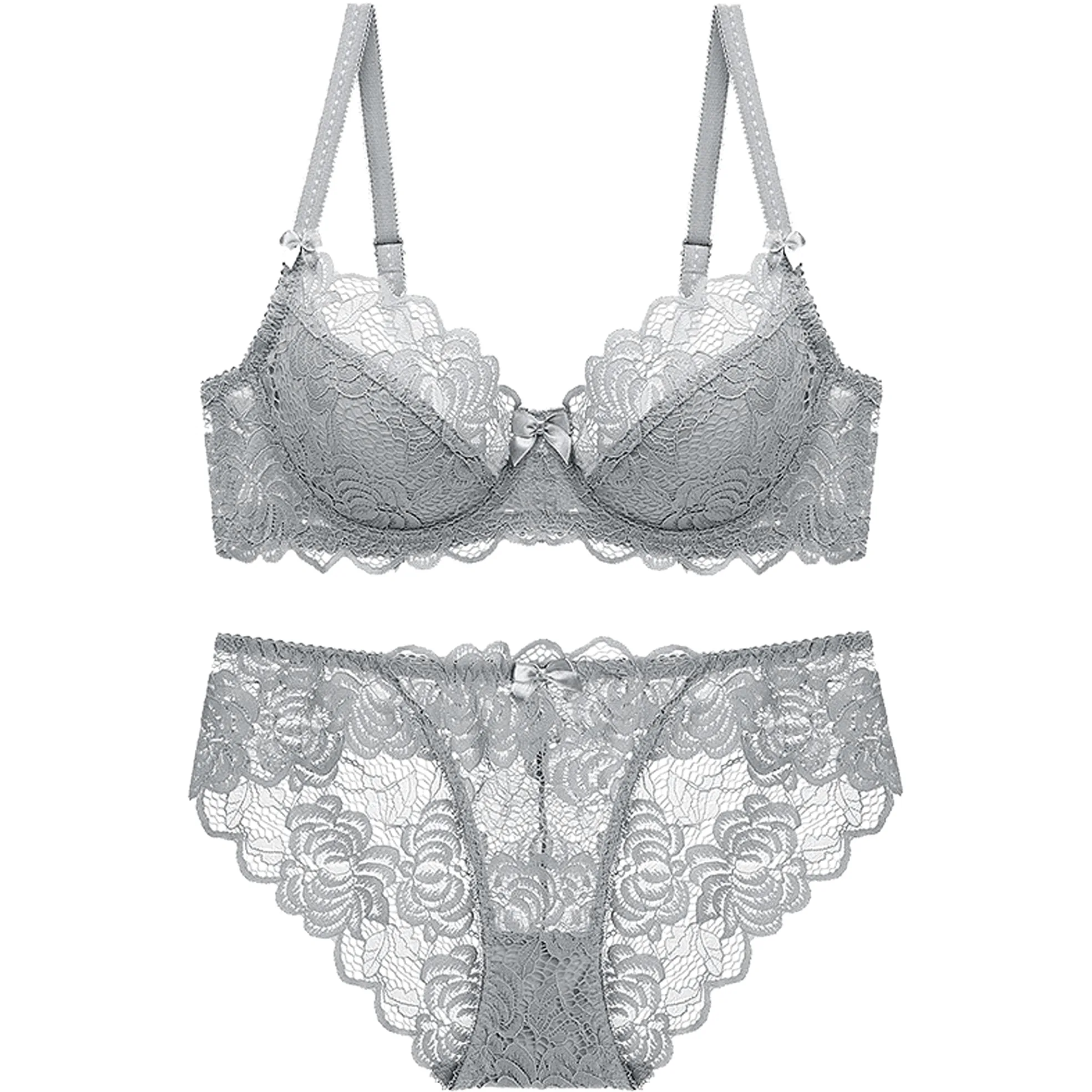 WENJUN Conjunto de sujetador y bragas de encaje sexy para mujer, con aros, no acolchado, para uso diario, conjunto de lencería con bordado push up (color gris, tamaño: 95D)