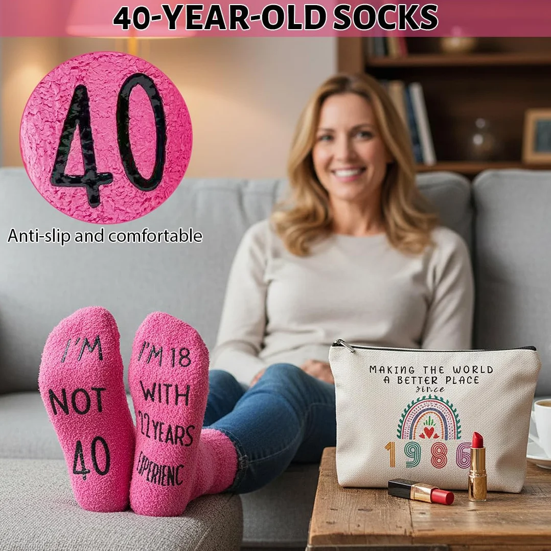 2 Pcs Regalo de Cumpleaños Ideal para Mujeres, Neceser 40 Cumpleaños, Cumpleaños para Esposa, Incluye Bolsa de Maquillaje y Calcetines de Cumpleaños para Mujeres (1986-40 años)