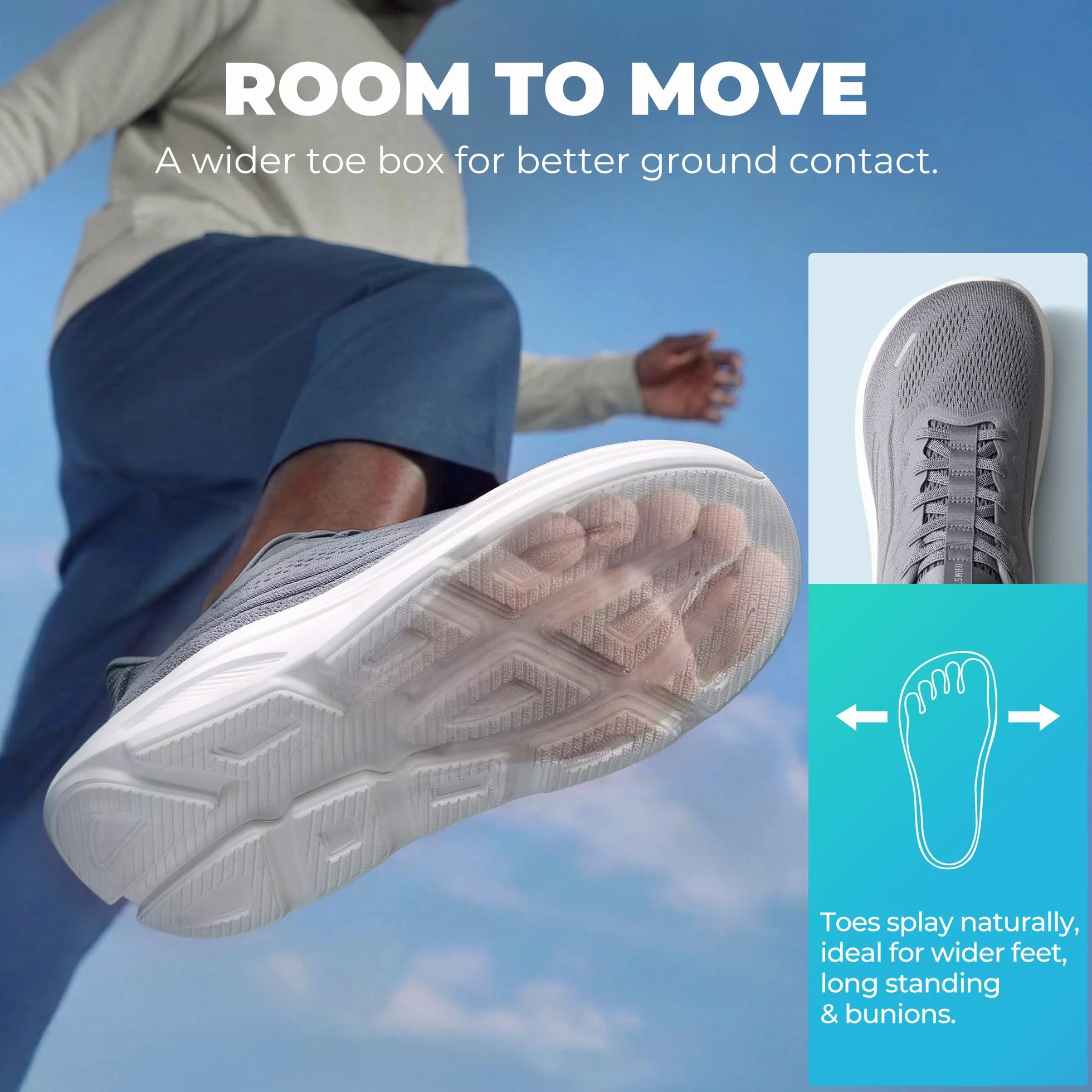 ALLSWIFIT Zapatos deportivos para hombre, sin cordones, con puntera ancha, para caminar, con cojín para correr, tenis, soporte para el arco, gimnasio, entrenamiento, atlético, a la moda, Gris, 41.5 EU