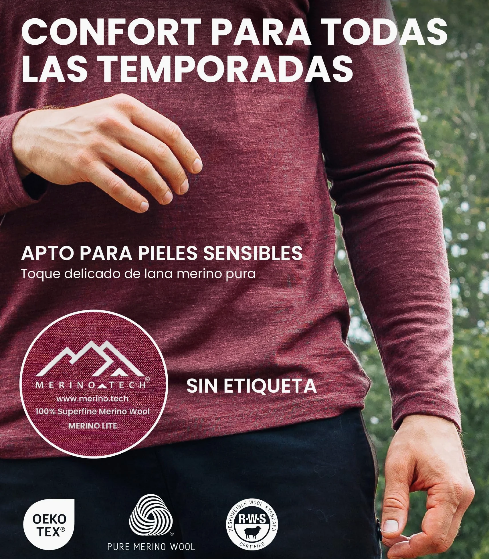 Merino.tech Camiseta Manga Larga Lana Merino Hombre - 100% Lana Merino | Cuello redondo o en V, no pica, ideal para casual u oficina, antiolores, transpirable