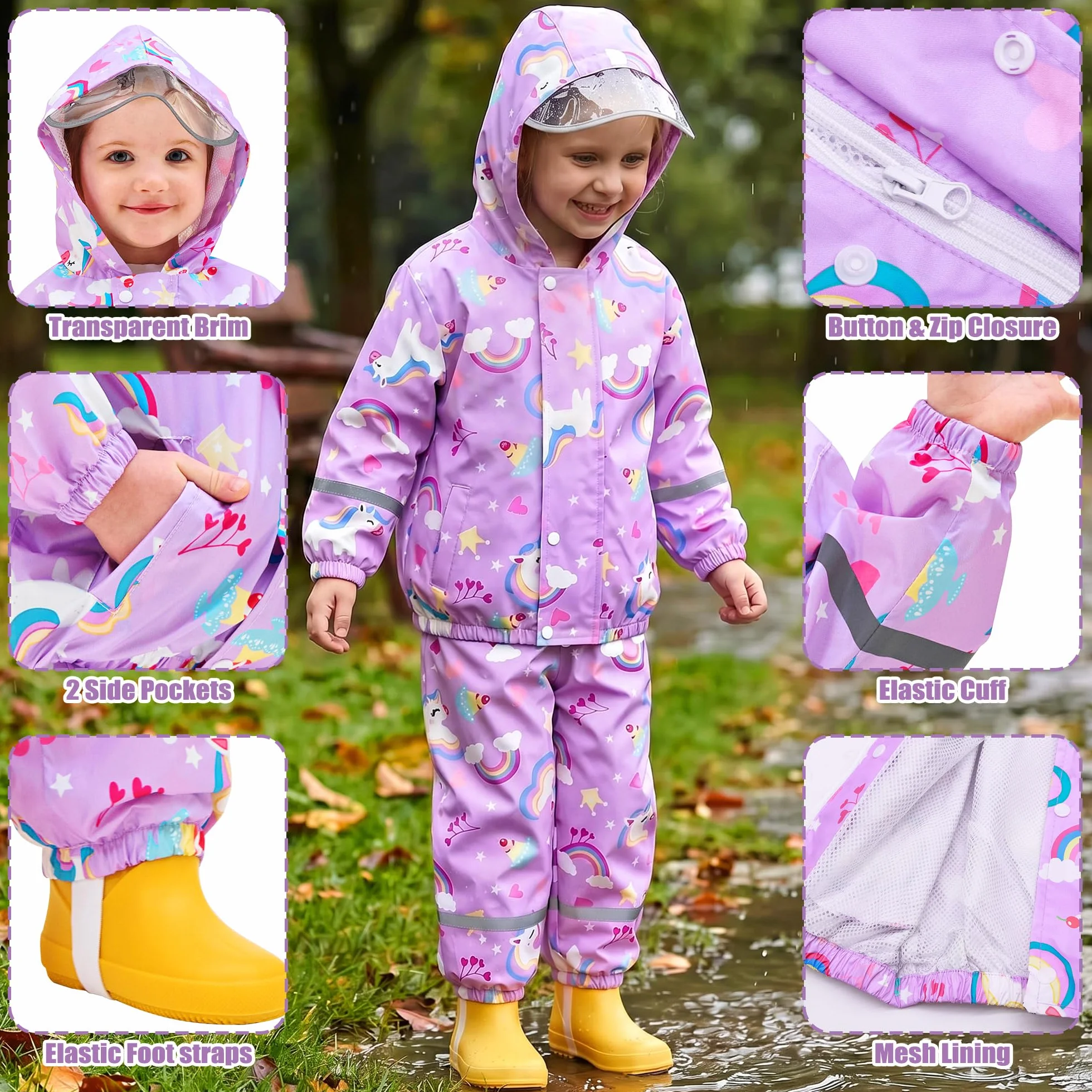 Traje de Lluvia Impermeable para Niñas, Conjunto de Chaqueta y Pantalón de Lluvia Ligero, Exteriores Impermeables Unicornio Abrigos con Capucha, Antiviento Chubasquero para 1-7 años