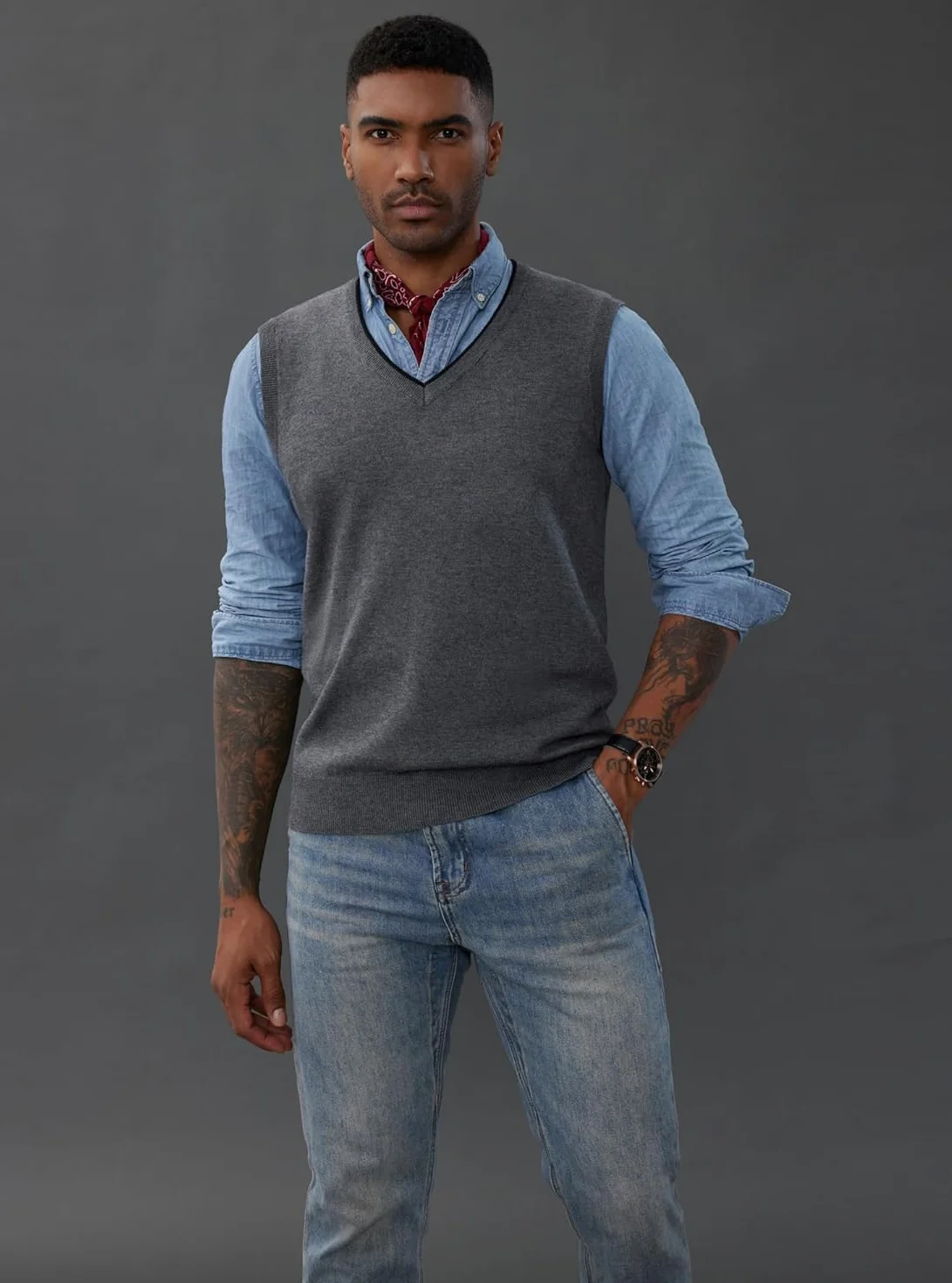 PaulJones Chaleco sin mangas con cuello en V para hombre, ajuste delgado, ropa de punto, suéter de punto, cárdigans, camisetas sin mangas