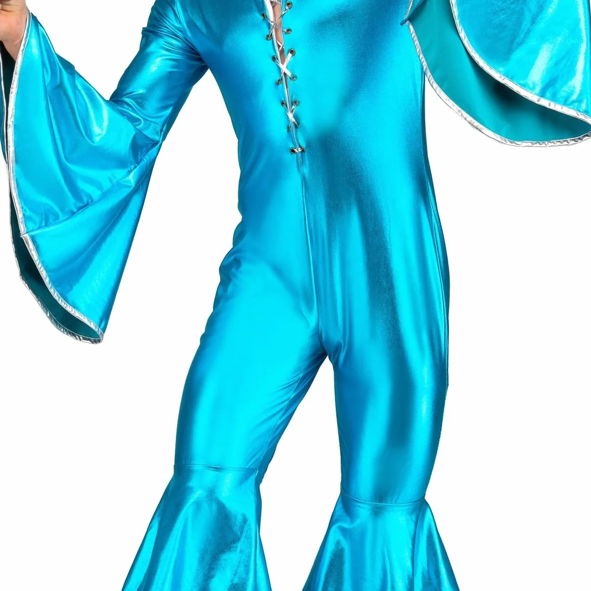 My Other Me Disfraz Disco Hombre Mono Azul Brillante Mangas Pantalones Acampanados Volantes Plateado