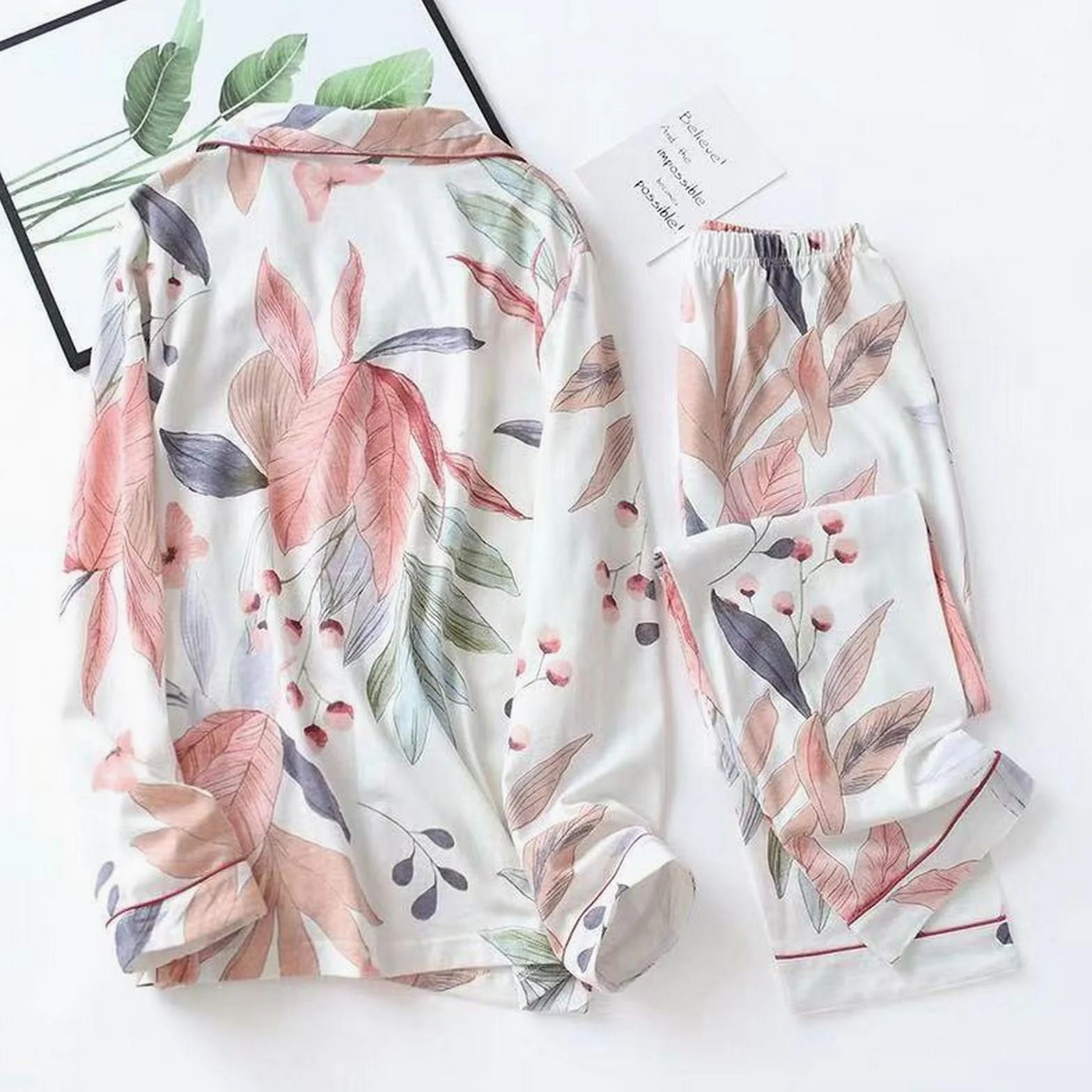 Pijama para mujer, estampado de hojas, pijama de algodón, talla grande, conjunto de dos piezas, ropa para el hogar, ropa de dormir femenina, traje de pantalón, XL