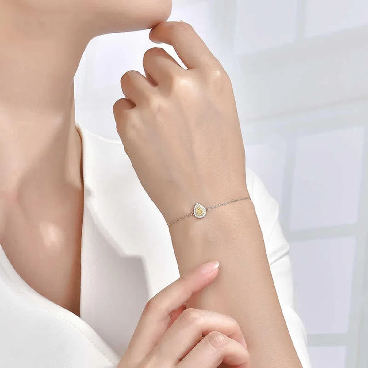 Pulsera de cadena para mujer, pulseras de boda con diamantes amarillos de 0,1 quilates, cadena de gota de agua, joyería de oro blanco con diamantes