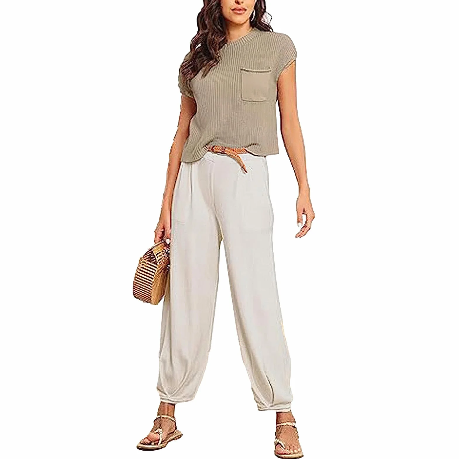 amropi Chándal de Mujer Conjunto de Punto Jersey Casual Manga Corta y Pantalón Jogging