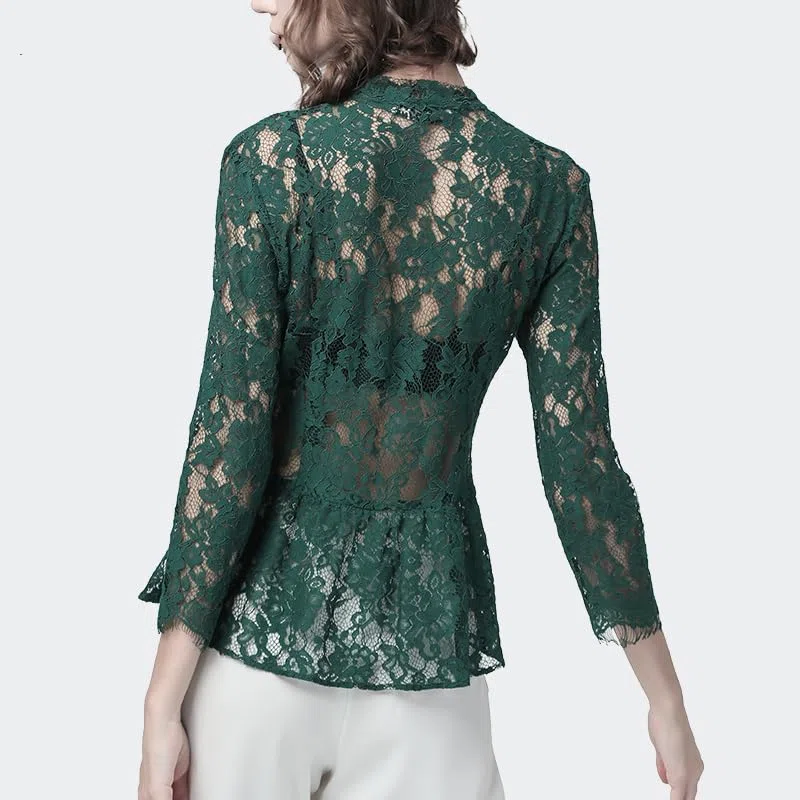 Blusa de Encaje para Mujer, Camisa Hueca Transparente, Top de Primavera y Verano con Mangas 9/10, Tops de Trabajo Ajustados Sexis con Cuello en V (En8 L)