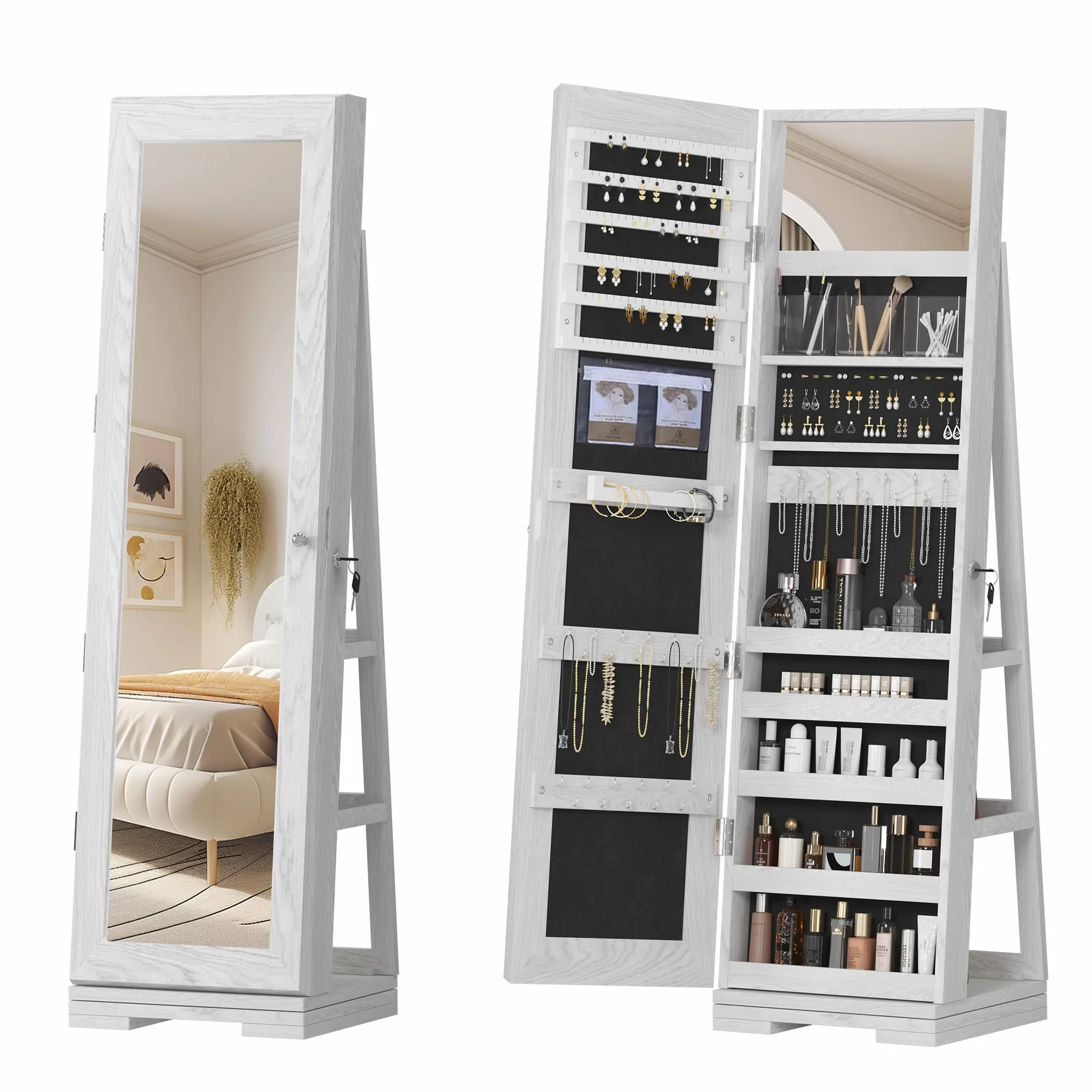 soges Armario Tocador con Espejo de Pie - Compartimento con Llave, 160 cm Altura, 360° Giratorio • Ideal para Joyas, Cosméticos y Bolsos • Perfecto para Dormitorio y Vestidor, Blanco