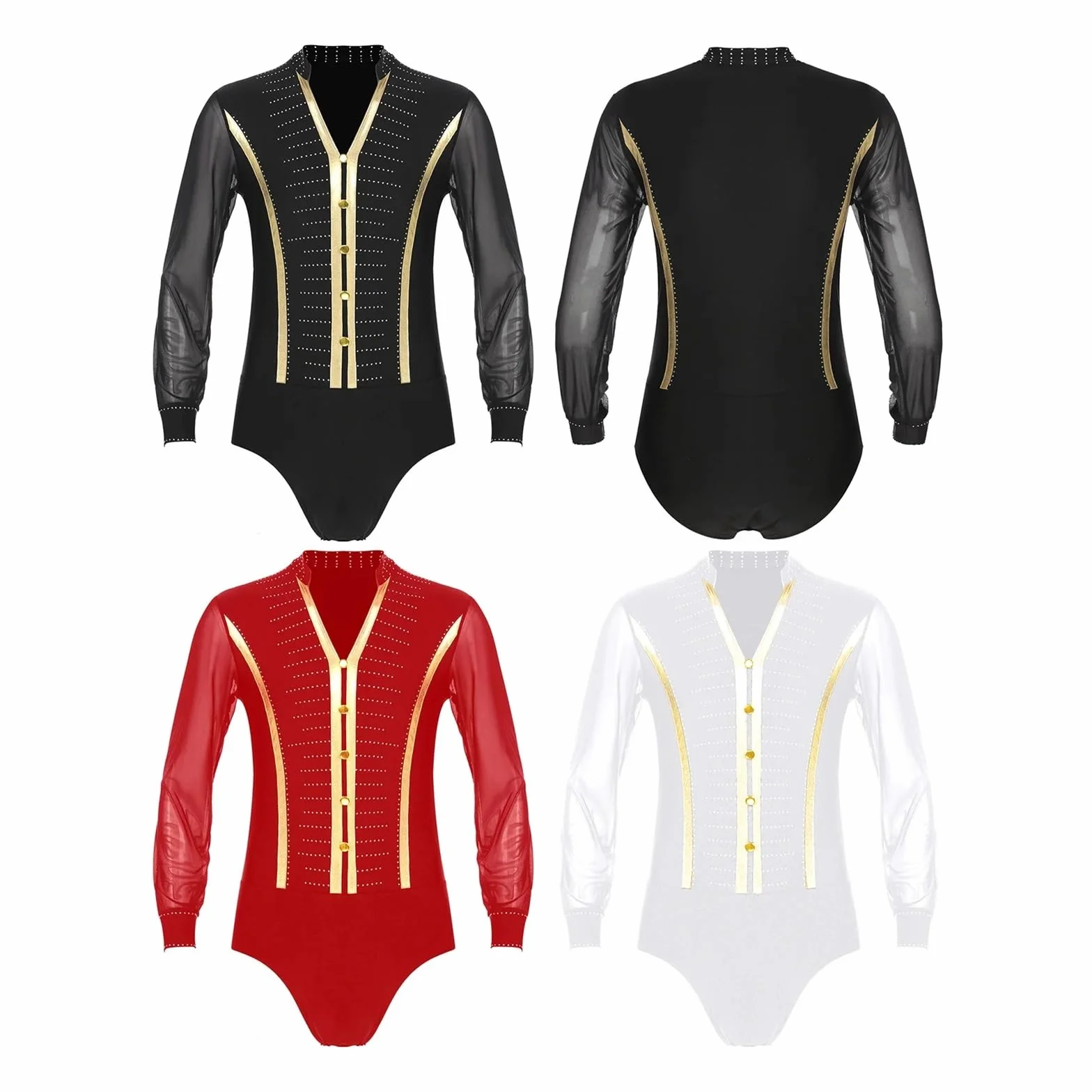 Hombre Camisa de Baile Latino con Diamantes de Imitación, Traje de Salón Cha Cha Rumba, Manga Larga, Ropa de Práctica Latina (Negro, M)