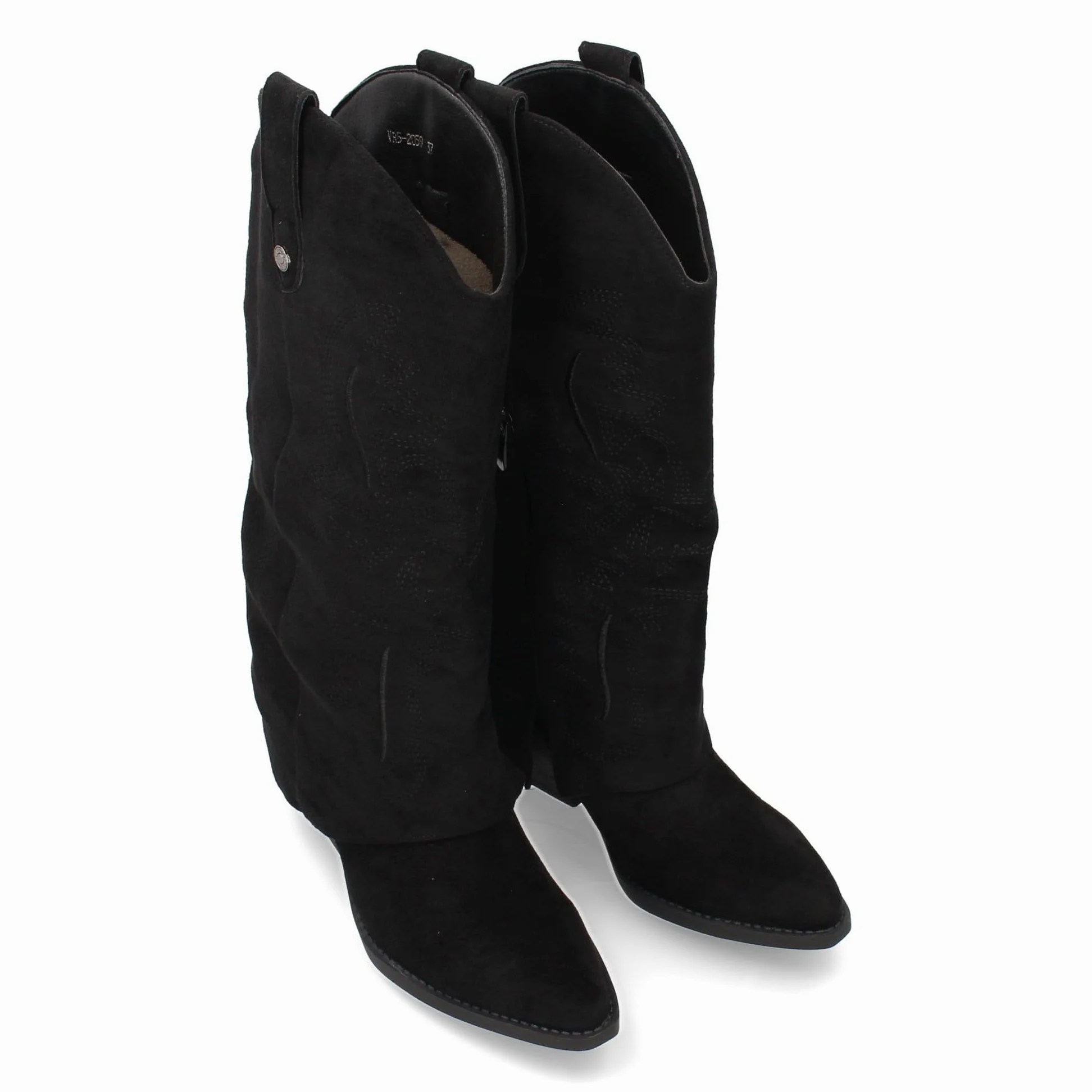 Bota para Mujer Estilo Cowboy, acabada en Punta y con Grabados Bordados en la Cana. Tacon Cubano y Cierre de Cremallera. Ideal Otono Invierno.