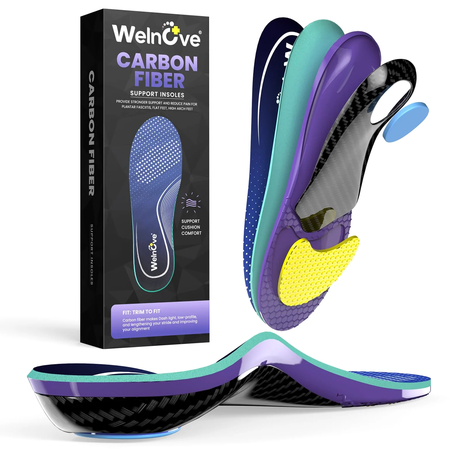 Plantillas de Fibra de Carbono para Hombres y Mujeres, Soporte de Arco Alto, Absorción de Golpes para Correr Deportes Senderismo y Baloncesto (L-W: 41-42 | M: 39-40-27CM)