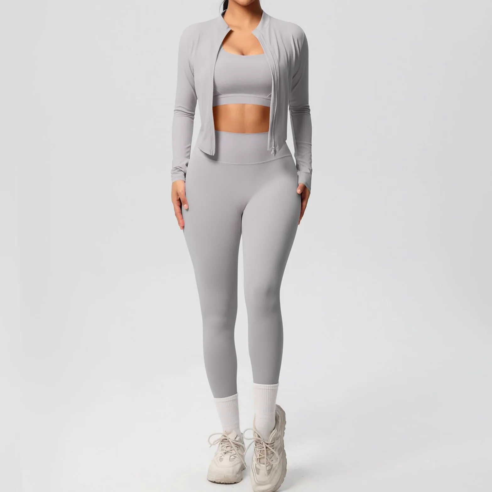 Traje de yoga para mujer de 3 piezas con chaqueta deportiva, chaqueta corta, leggings de manga corta, camiseta de tirantes, ropa deportiva, ropa deportiva a la moda, traje deportivo cómodo