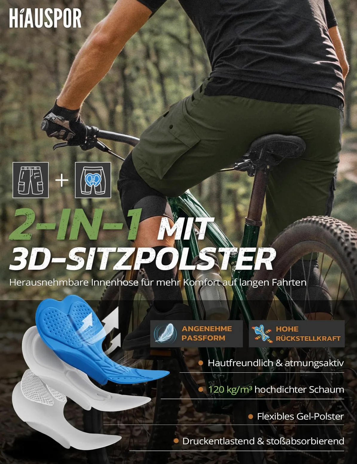 Hiauspor Pantalones Cortos de Ciclismo de montaña para Hombre, de Secado rápido, con Bolsillos con Cremallera MTB Trekking (Multi-Verde, L)