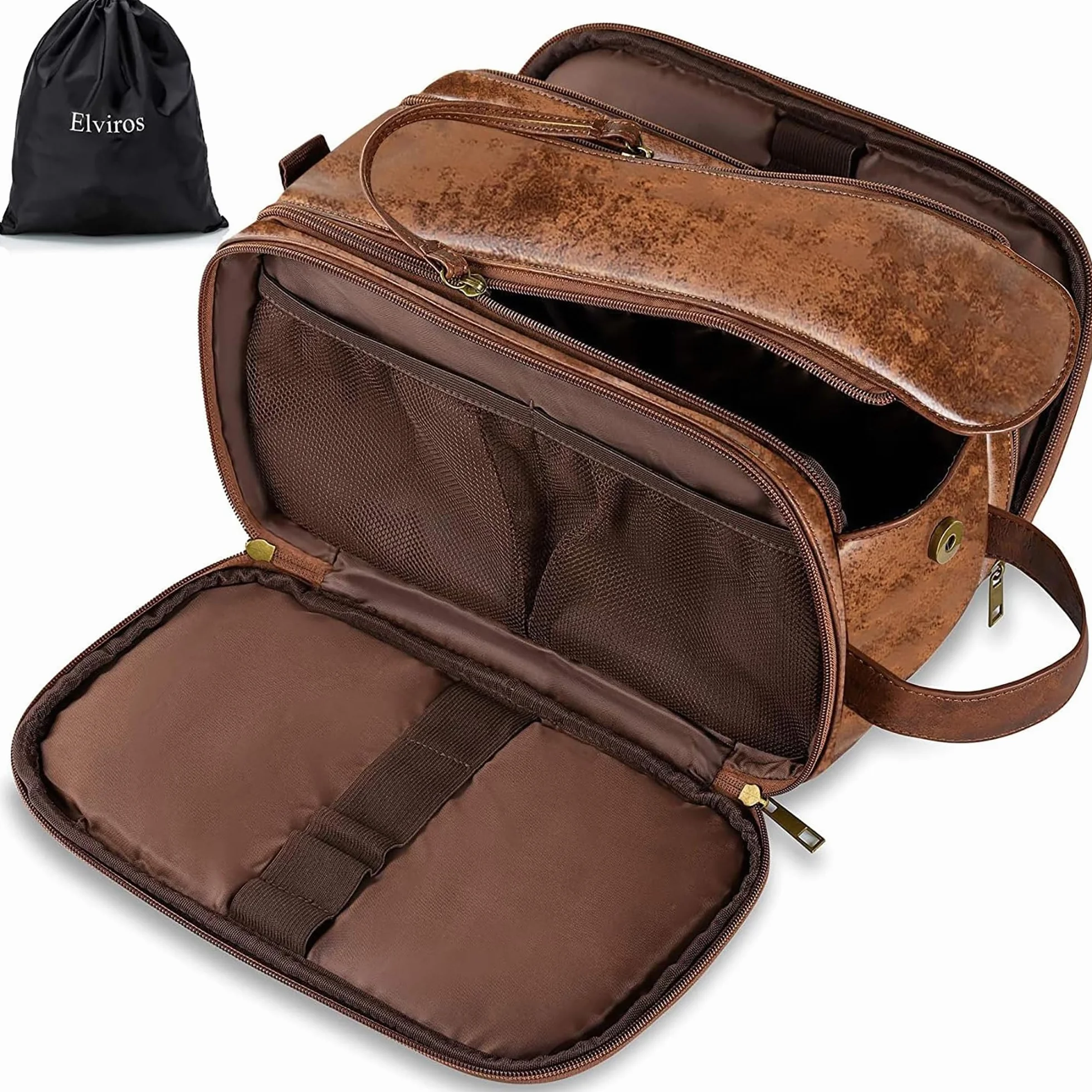 Elviros Neceser Hombre de Viaje, Bolsa de Aseo Grande Impermeable PU, Organizador Portátil con Gran Capacidad, Dopp Kit Hombre para Gimnasio y Trabajo