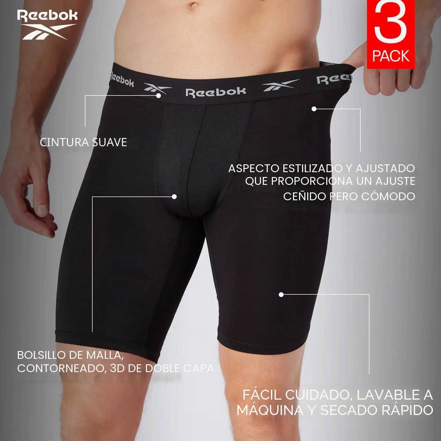 Reebok Hogan Reebok - Calzoncillos Deportivos Transpirables para Hombre (3 Unidades), Color Negro, Blanco, Gris Jaspeado, Negro, XL Hombre (Pack de 3)