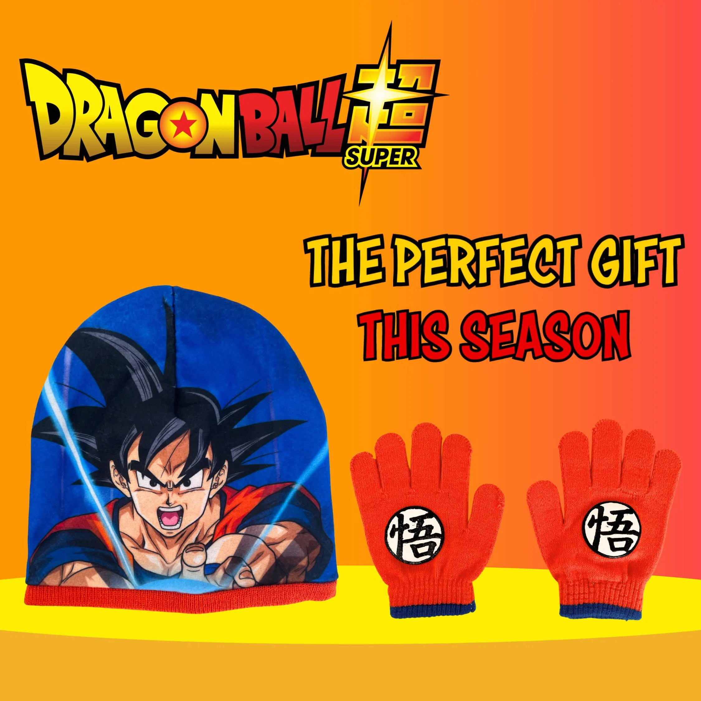 Dragon Ball Z Gorro y Guantes para Niño, Conjunto de Invierno Infantil Diseño Goku, Regalo para Niños