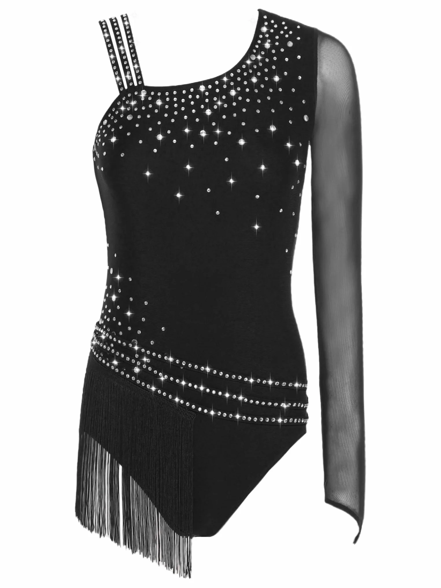 Leotardo de Danza Gimnástica para Mujer Body Brillante Manga Larga Maillot con Flecos Baile Latino Tango Cha-Cha S-xxl
