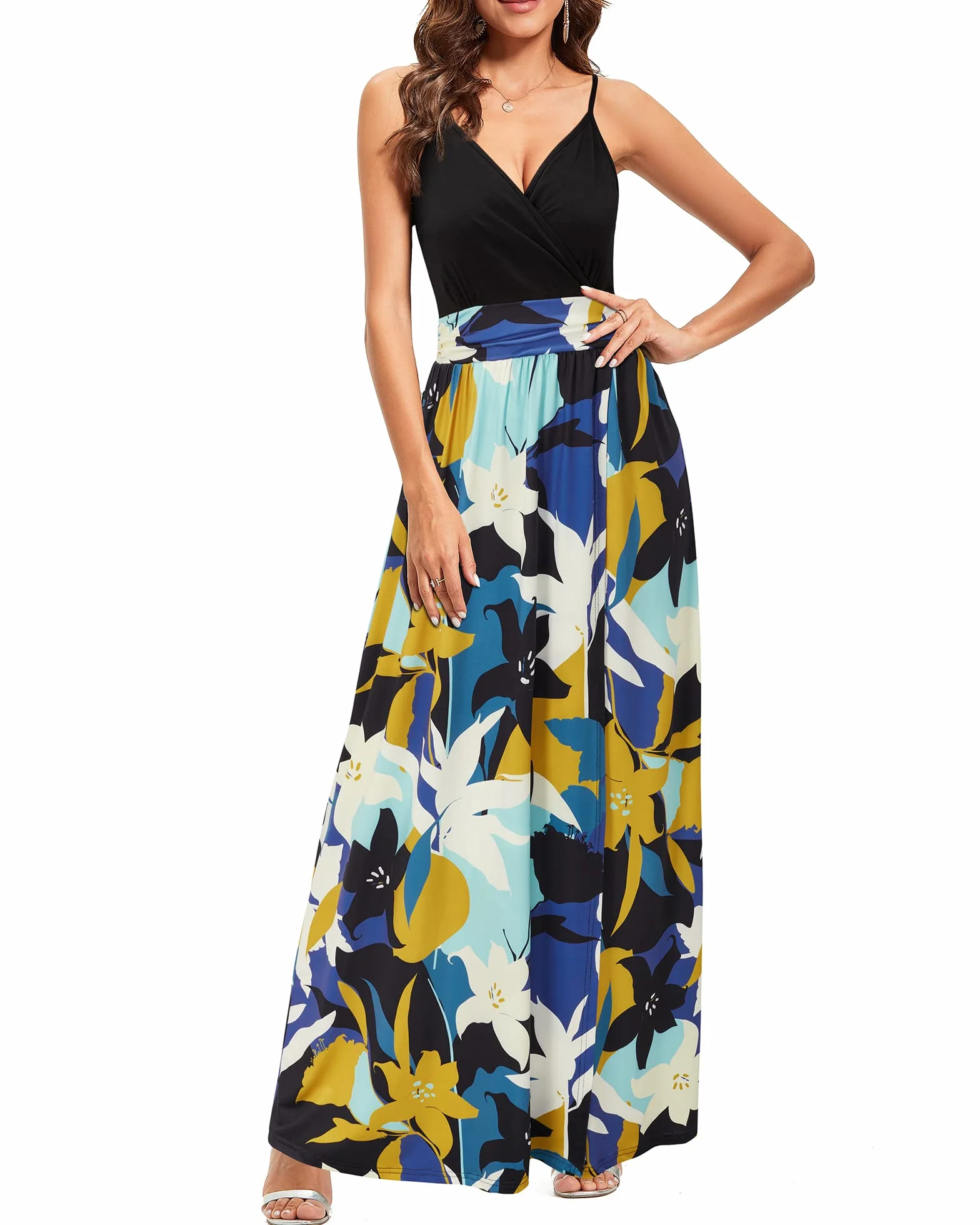 Vestido de Verano Mujer Cuello en V Abertura Largo Maxi Elegante Invitada Boda