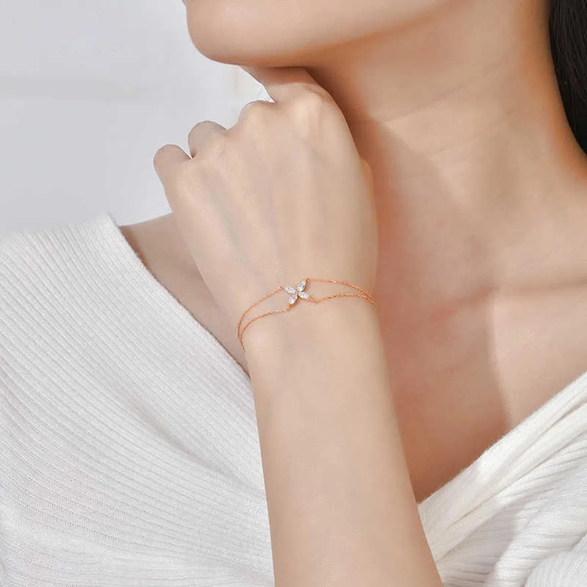 Pulseras de la amistad para adultos, trébol de oro rosa, diamantes de 0,38 quilates, pulseras de oro rosa de 14 quilates para mujer