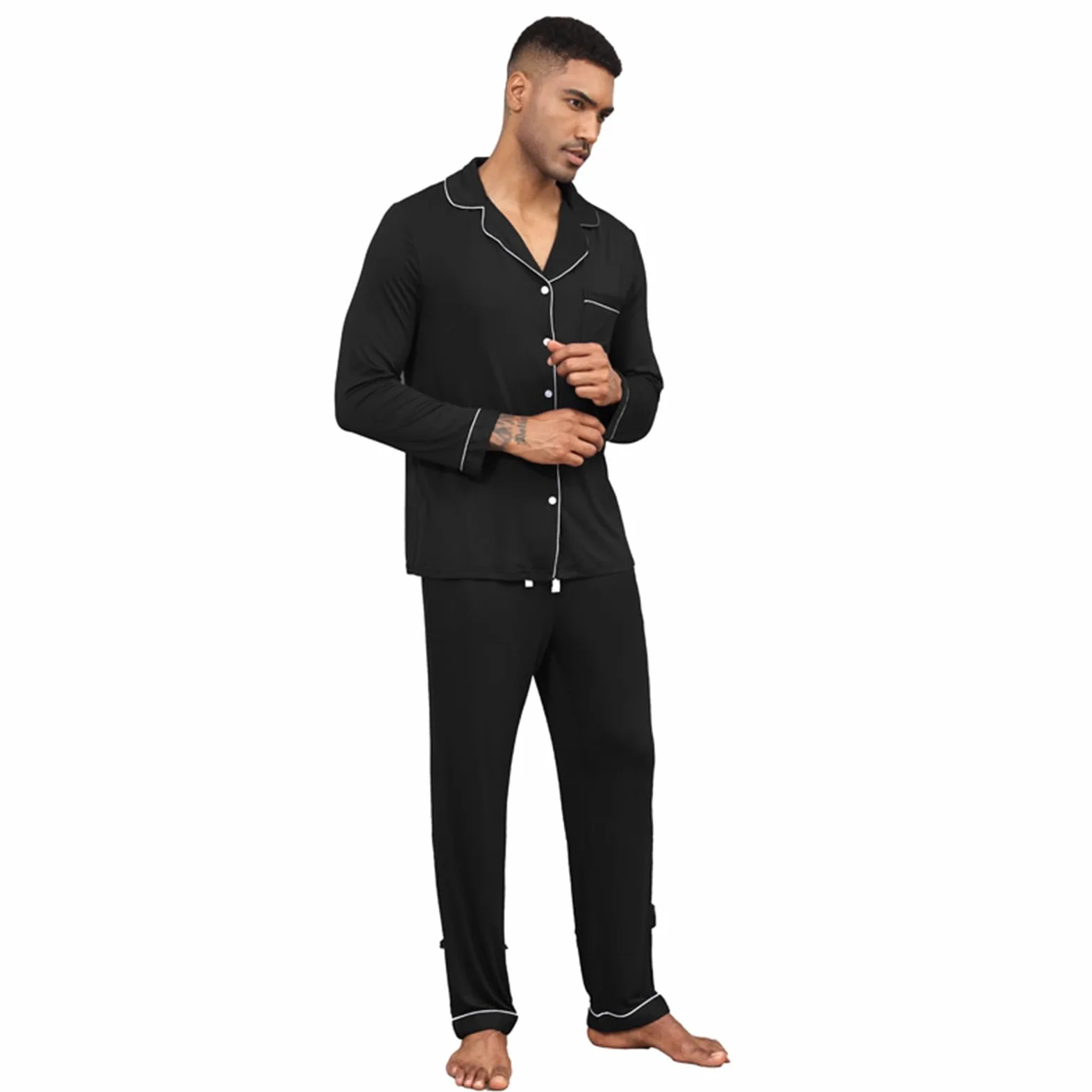 Generisch Conjunto de pijama para hombre, camisa de manga larga con cuello de solapa y pantalones largos, monocolor, algodón, informal, transpirable, ligero, suave, cómodo, traje de casa de 2 piezas
