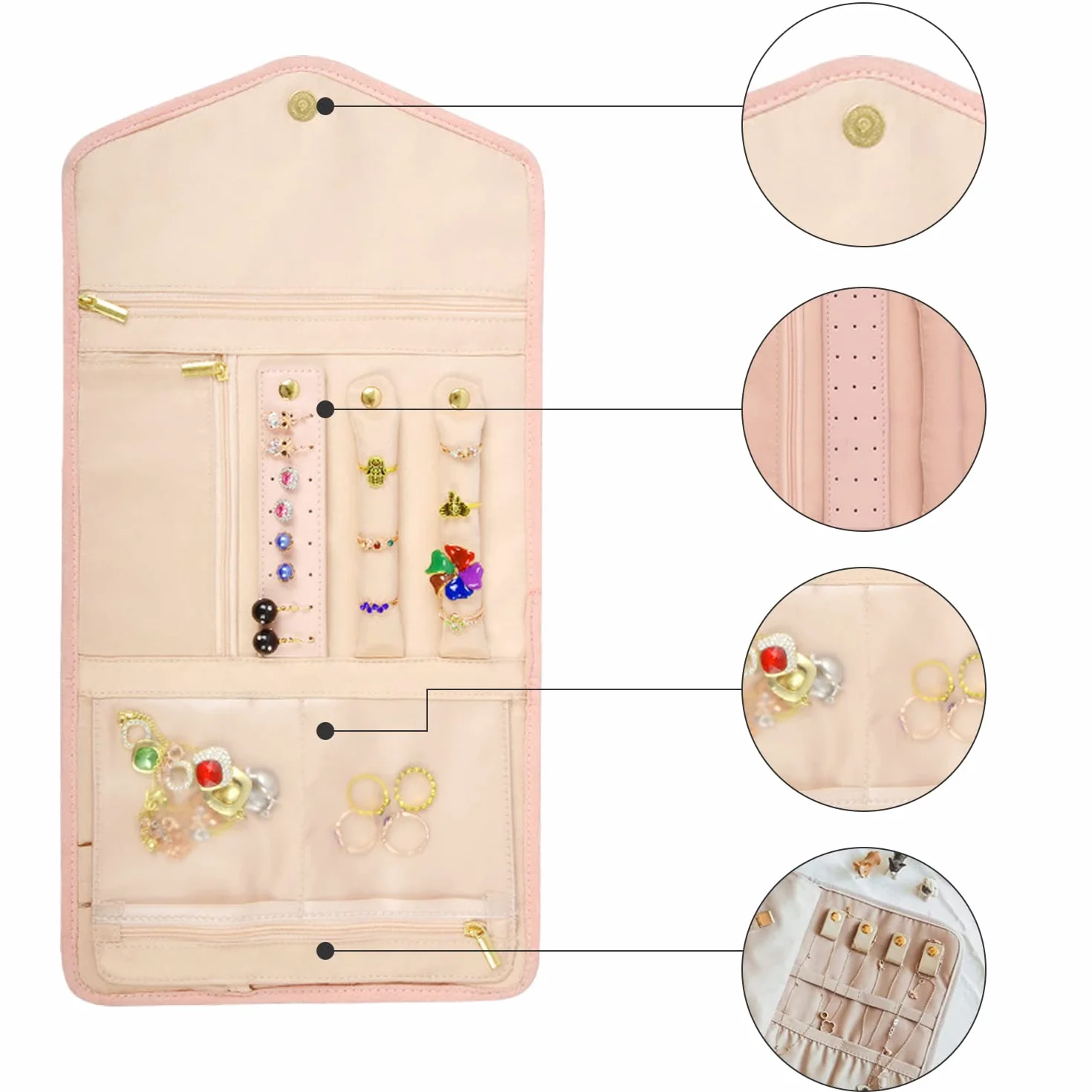 1 bolsa de almacenamiento plegable para joyas, bolsa de joyería portátil, organizador de joyas de viaje, caja de almacenamiento para anillos, utilizado para pulseras, pendientes, anillos (rosa nude)