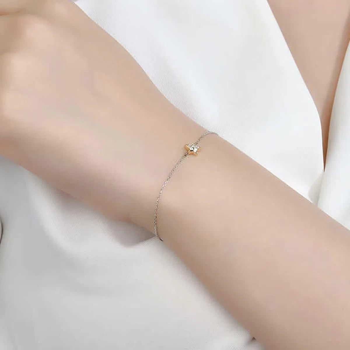 Pulseras de moda para mujer, pulsera de promesa con diamantes blancos de 0,08 quilates, cadena de estrella de oro amarillo y oro blanco
