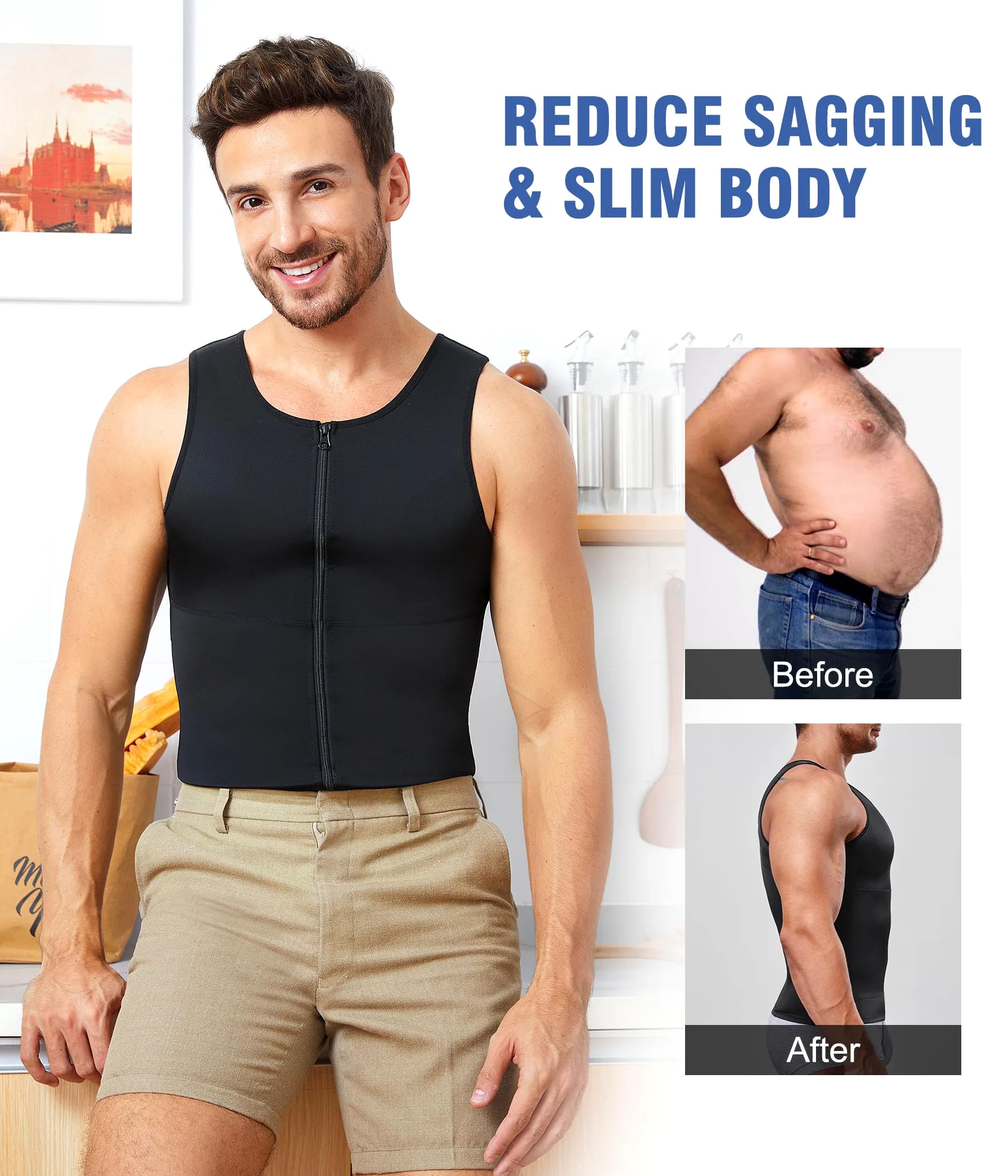 Eleady Camisetas de compresión para hombre, con cremallera, para moldear el cuerpo, camisetas más delgadas