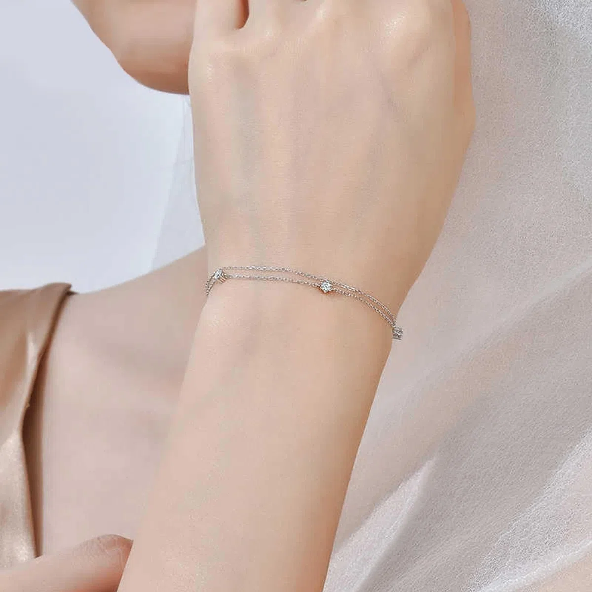 Pulsera de cadena para mujer, pulsera de cadena con diamantes blancos de 0,15 quilates, doble capa, joyería redonda de oro blanco