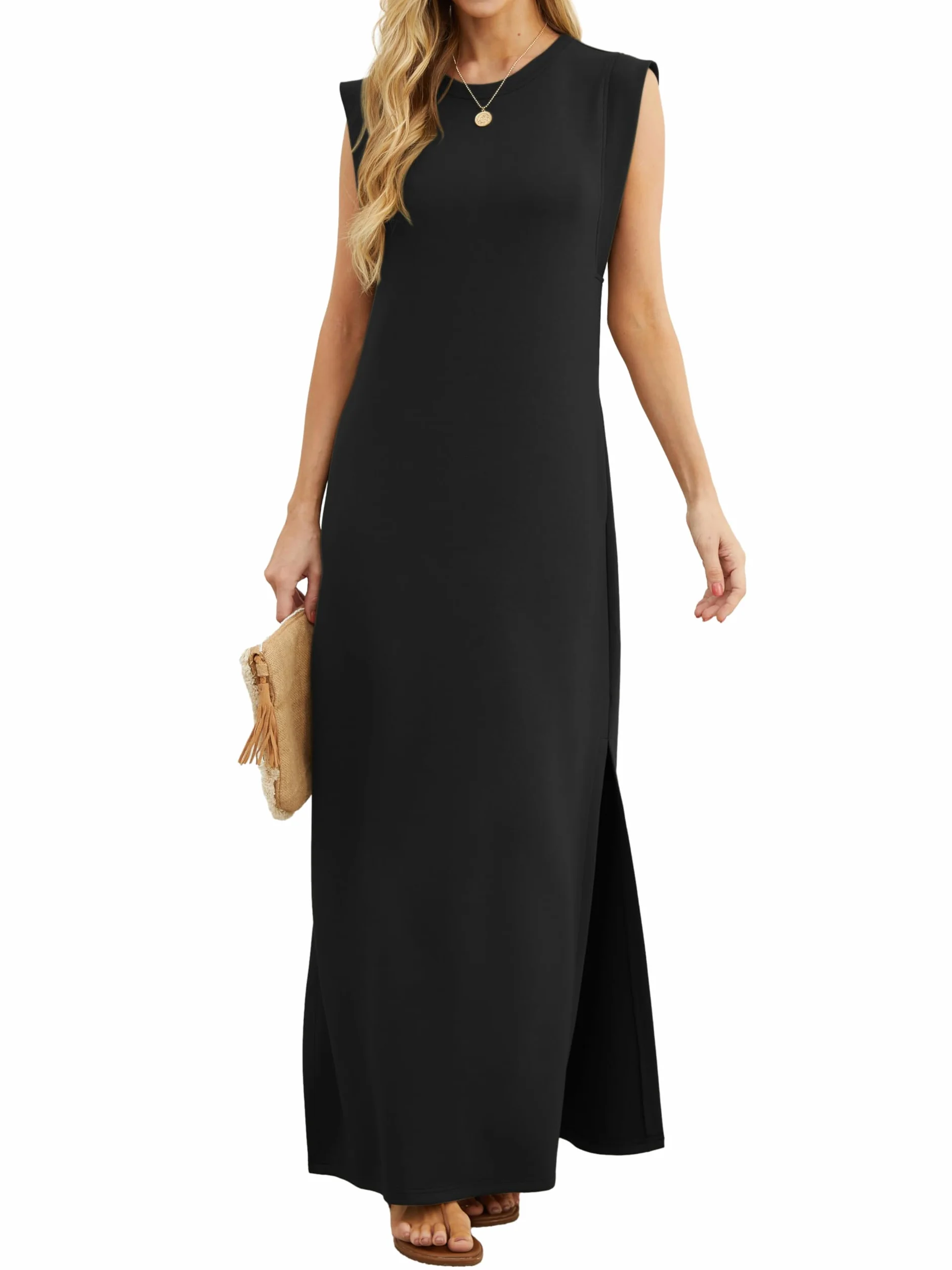 Vestido largo sin mangas para mujer GRECERELLE, estilo camisero informal de verano, con abertura y bolsillos