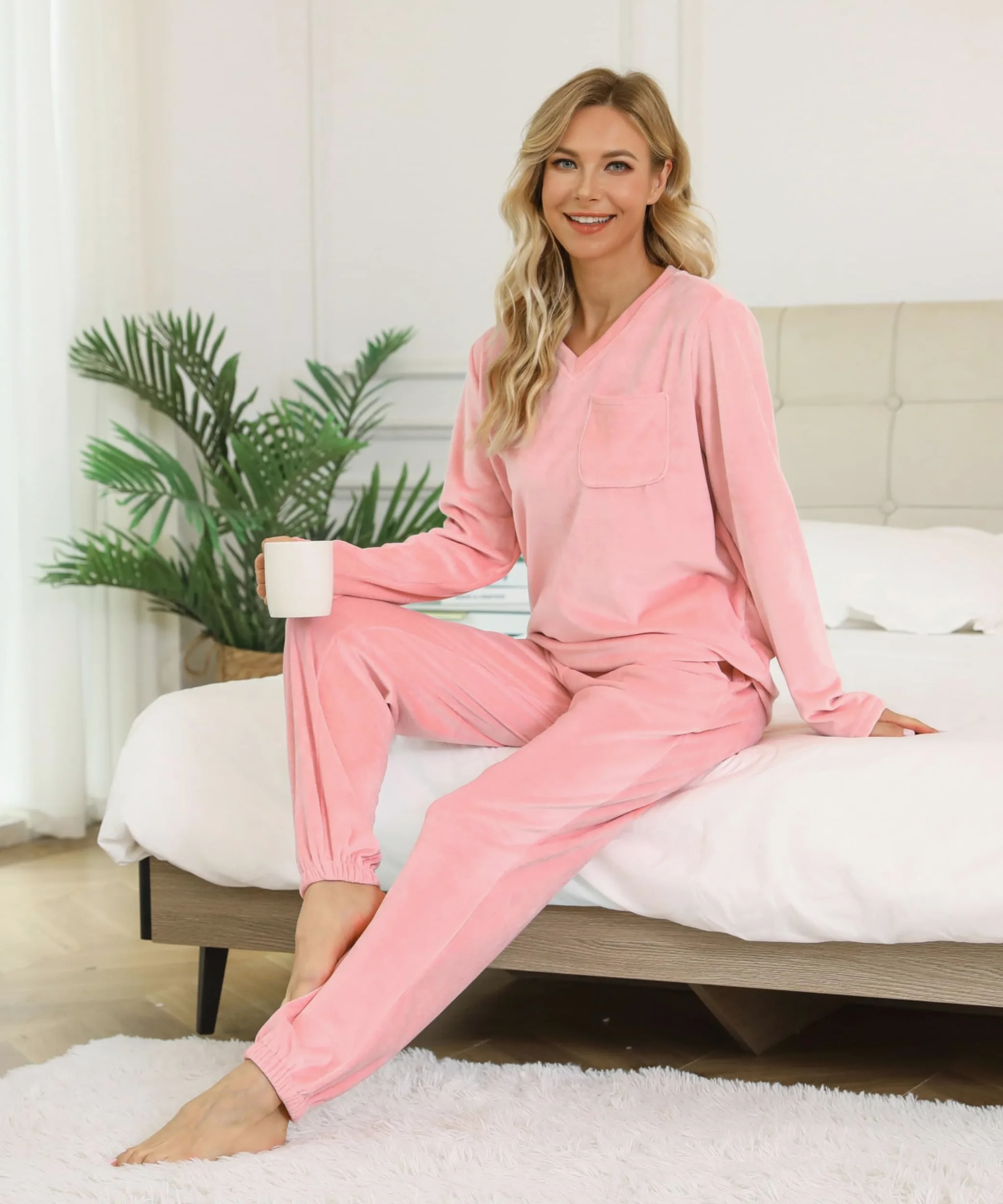 Lovasy Pijamas Mujer Invierno Polar Pijama de Franela Mujer Manga Larga Conjunto 2 Piezas