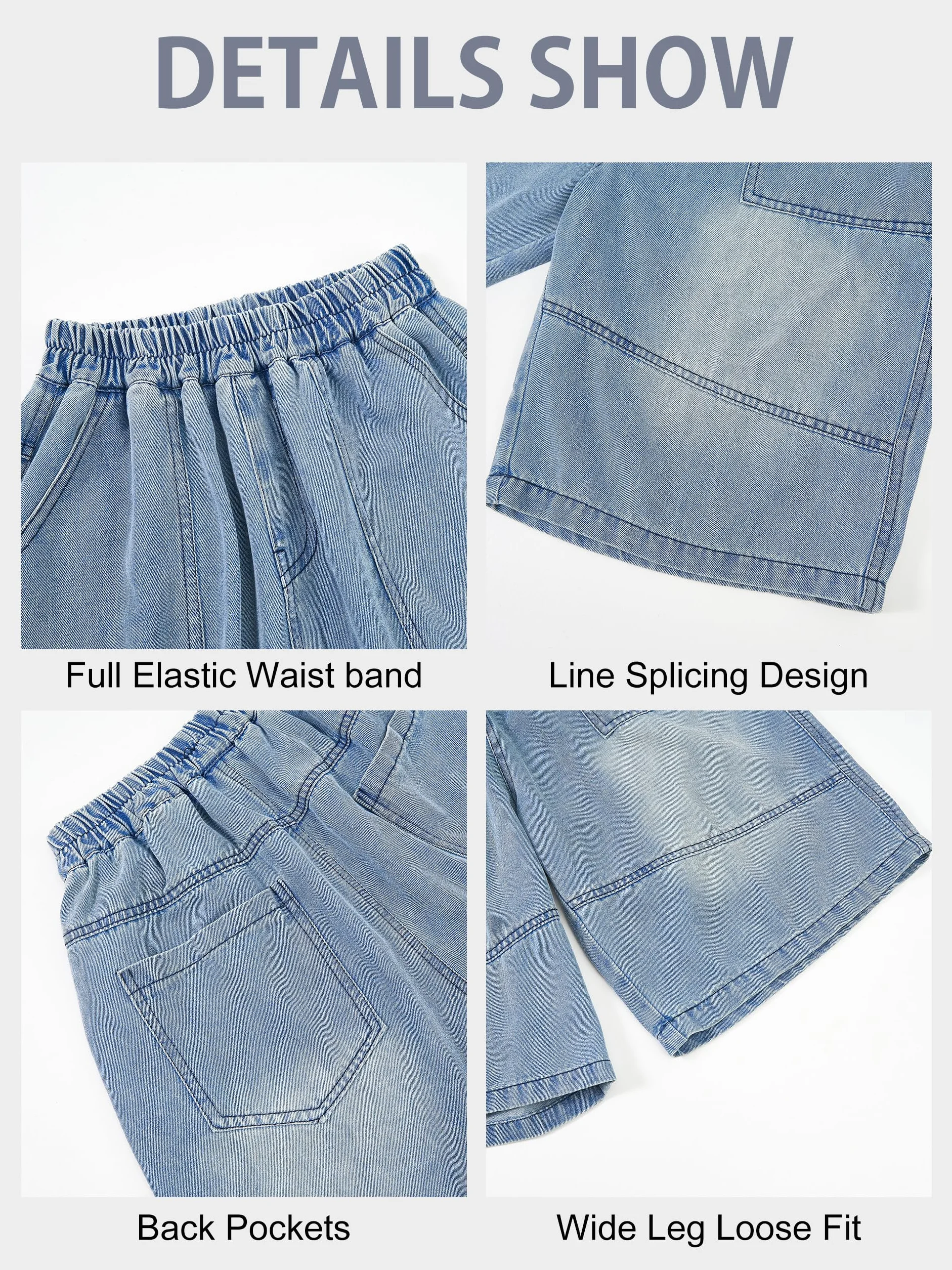 Pantalones Cortos Vaqueros Holgados para Niños, Cintura Elástica Pierna Ancha