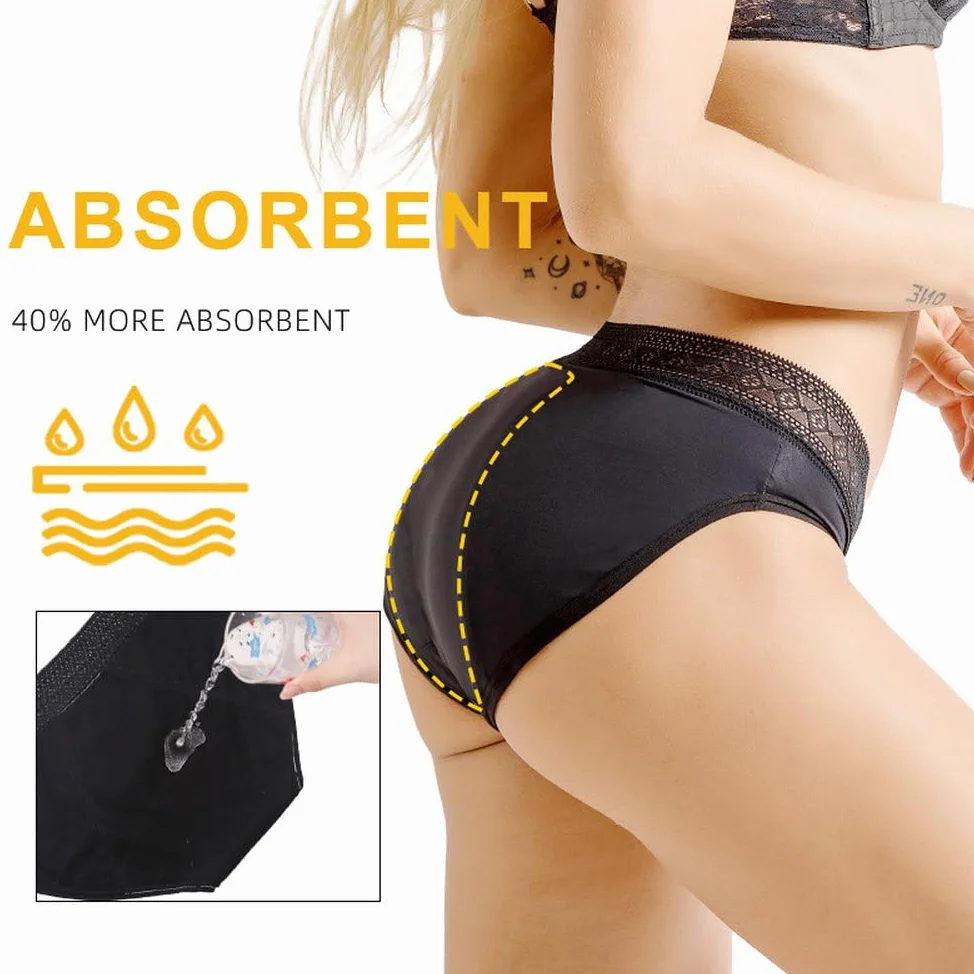 Bragas Menstruales para Mujer Ropa Interior Sexy Con Encaje Bragas Menstruales para Flujo abundante Bragas Posparto a Prueba de Fugas Paquete de 5 Negro L
