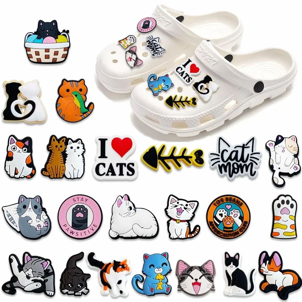 Gato Encantos del Zapato 25PCS Cute Cartoon Zapato Decoración Croc Charms para Niñas Mujeres Niños Adultos, Regalo para Fiesta de Cumpleaños