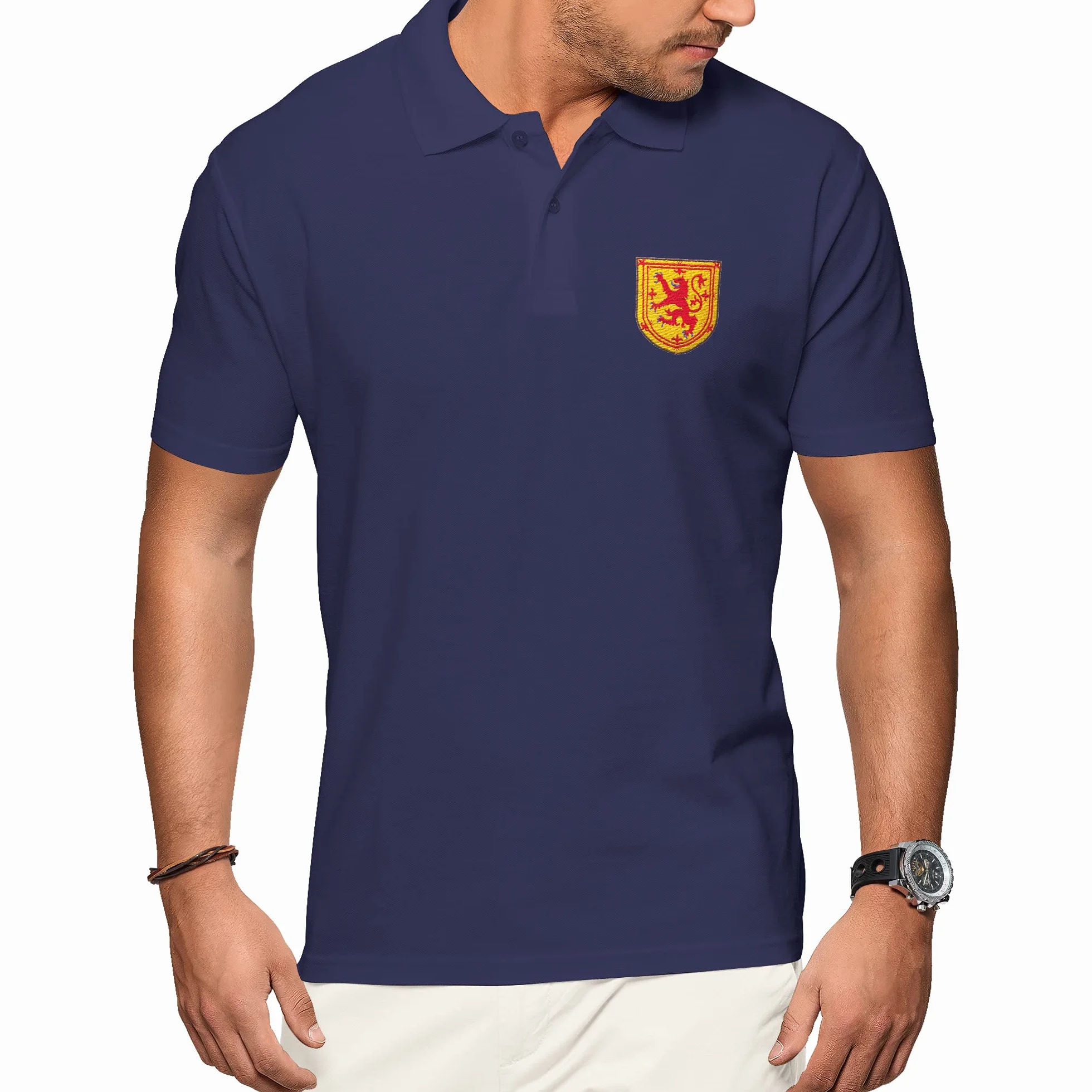 Purple Print House Polo de Escocia para hombre, camiseta de fútbol 2021, retro, para aficionados, rugby, algodón, escudo bordado, insignia del león real