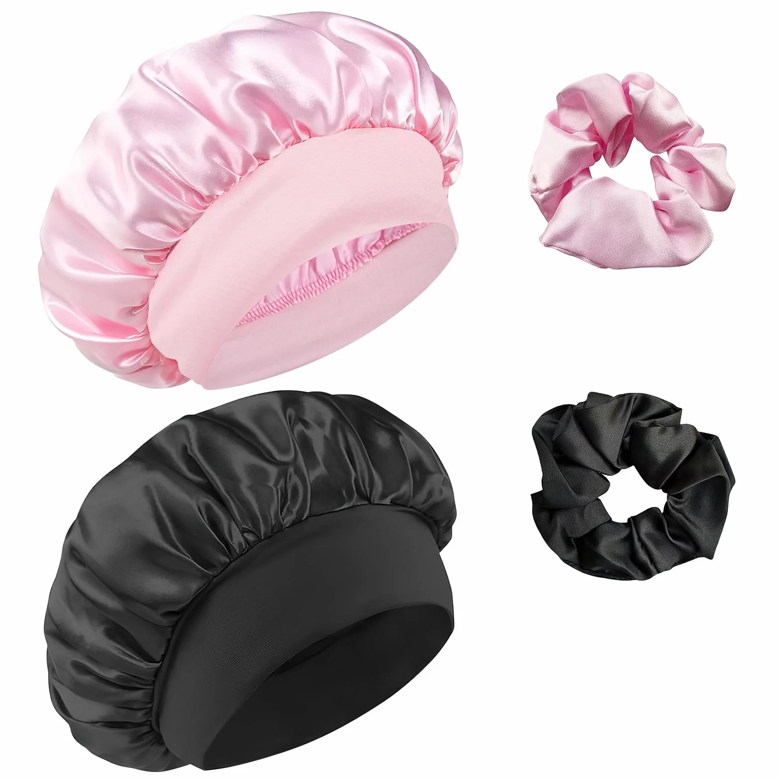 Gorro de Seda para Dormir con Banda Ancha Elástica, Satén, Protección Capilar, Negro y Rosa