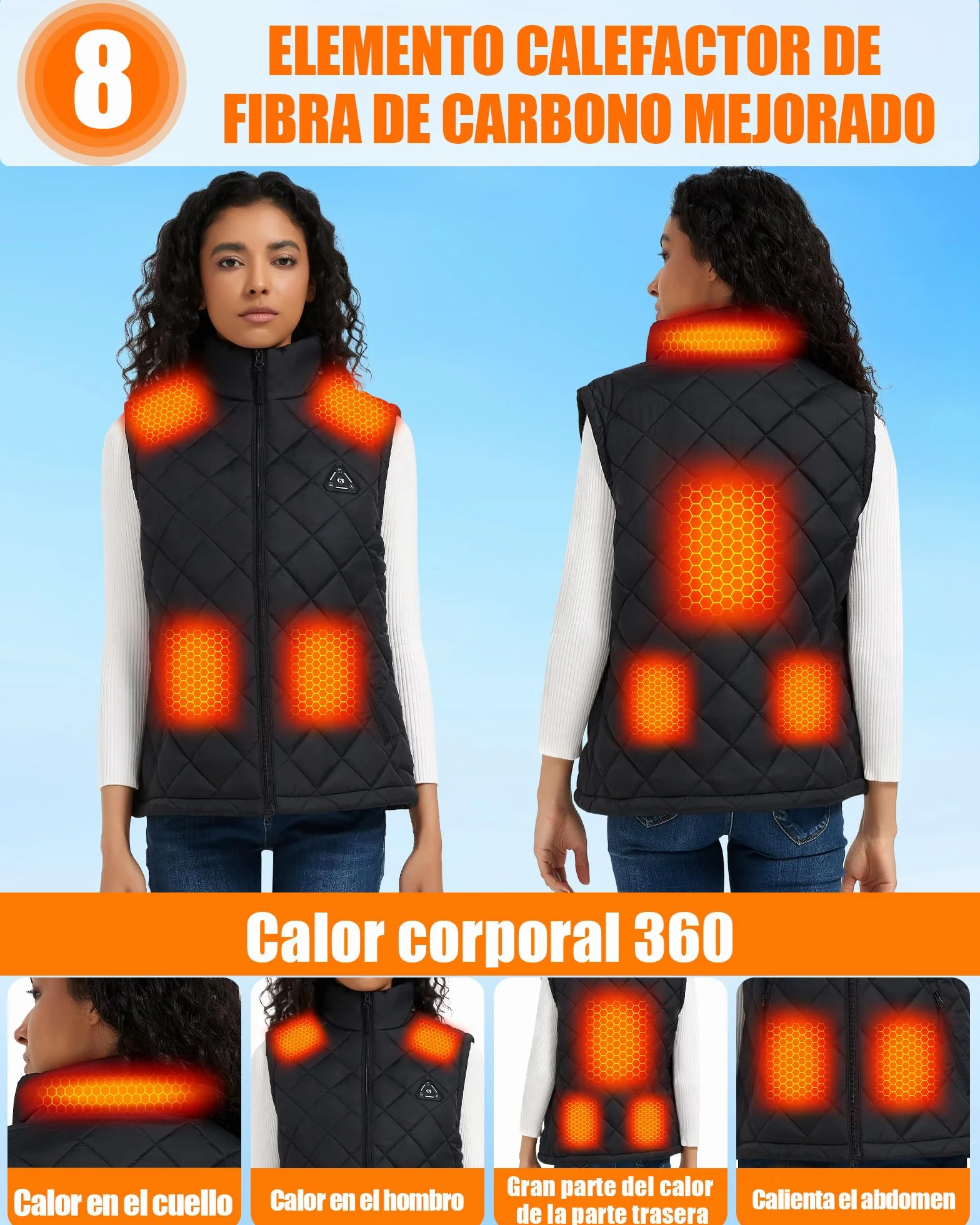 Chaleco Calefactable Hombre Mujer Batería 7,4V 10000mAh Control 4-en-1 Fibra de Carbono