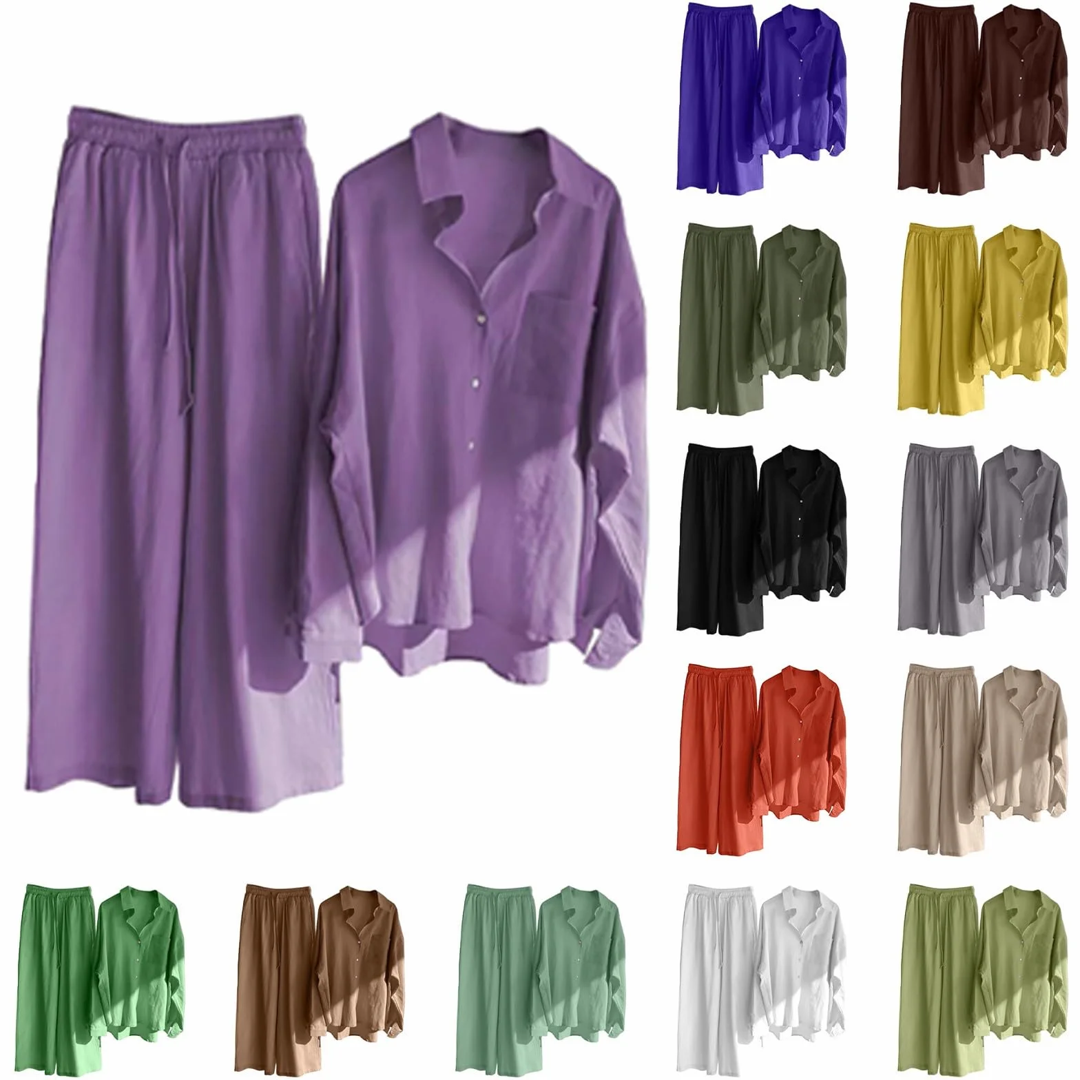 Traje de lino para mujer de verano, traje de verano para mujer, ligero, elegante, traje de ocio, moderno, algodón, 2 piezas, conjunto deportivo de dos piezas con pantalones, conjunto de muselina