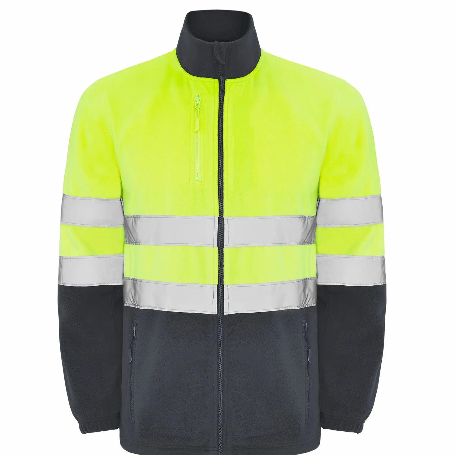 Chaqueta polar alta visibilidad adulto con cintas reflectantes, cremallera completa, bolsillos frontales y pecho, 100% poliéster