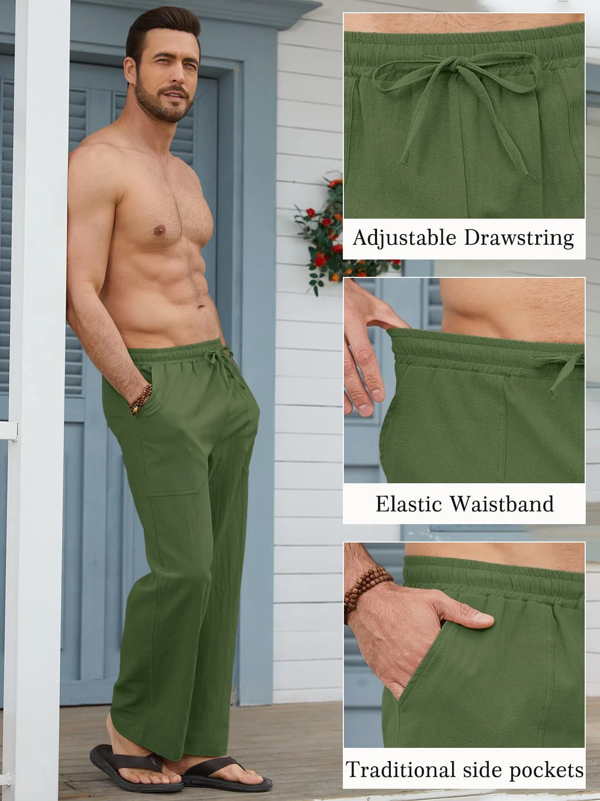 Pantalon Lino Hombre Pantalones de Verano Ligero Corte Holgado con Cintura Elástica y Cordón, con Bolsillos, para Playa, Vacaciones y Uso Diario