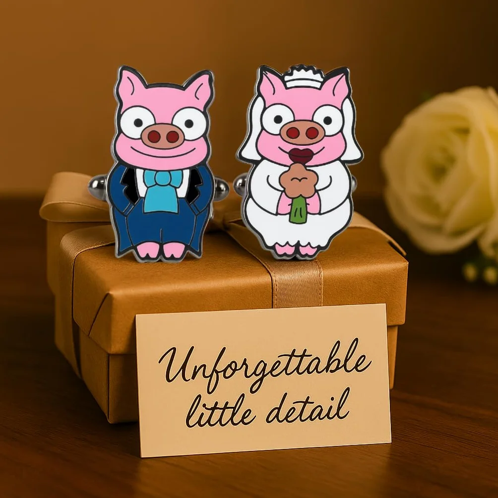 Gemelos de Cerditos Novio y Novia para Camisa Formal | Diseño divertido de pareja de cerdos para bodas, eventos formales, celebraciones, trajes y camisas elegantes