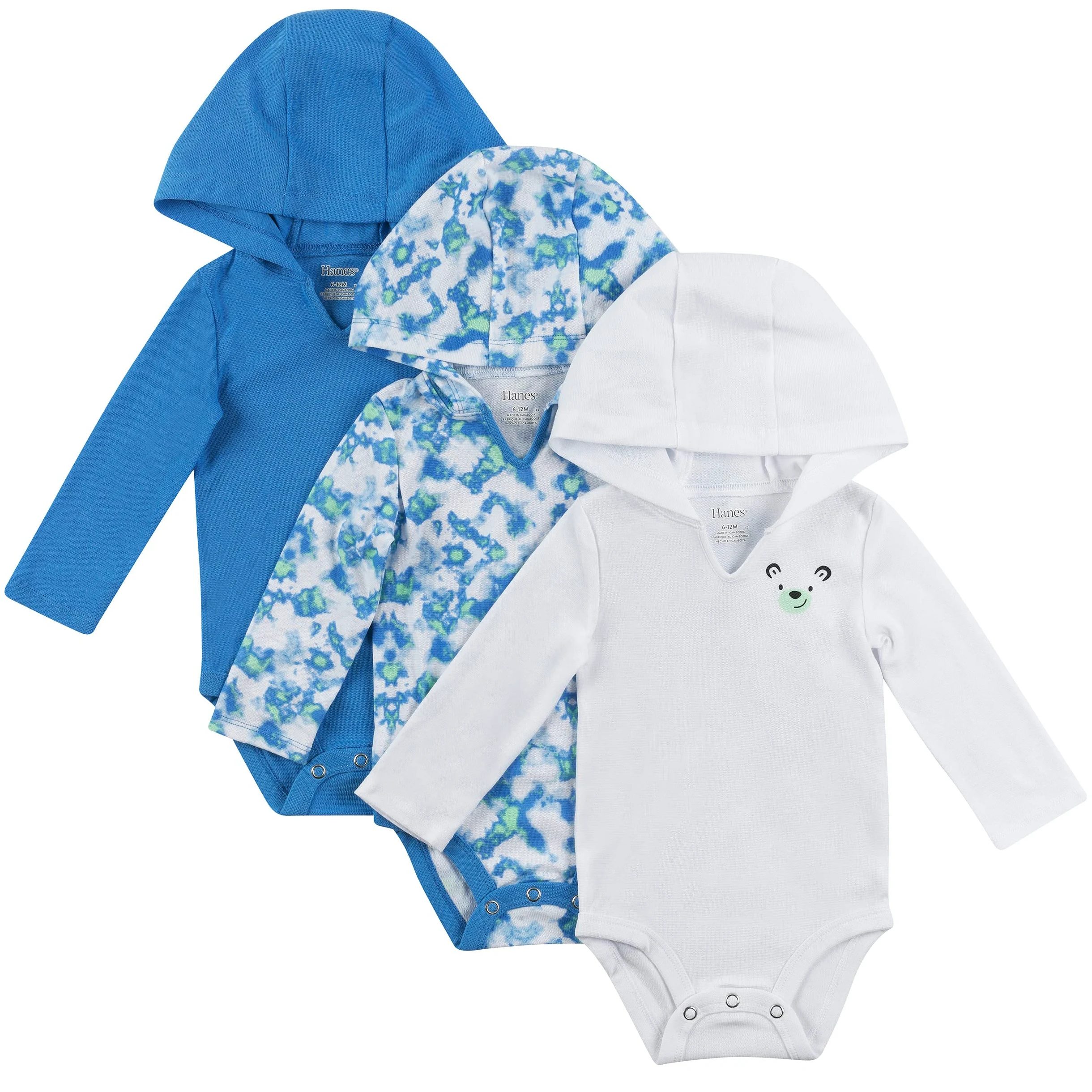 Hanes Body de manga larga con capucha para niños y niñas, paquete de 3, Blues, 12-18 meses, Blues, 12-18 Meses