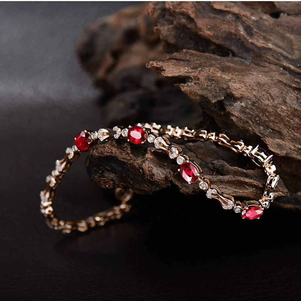 Pulseras Mujer Oro Rosa 9K / 14K / 18K, Oval con Rubí de 2 ct y Diamante de 0,62 ct, Cadena 16 CM, Pulseras Oro Rosa Mujer de