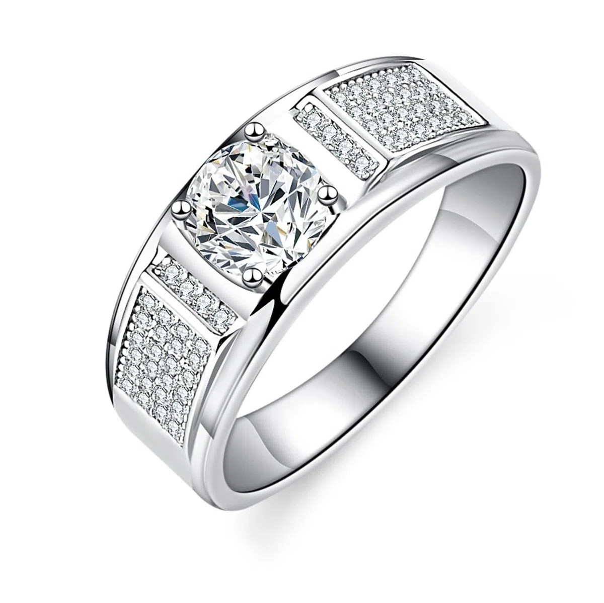 Anillo de plata para hombre, estrecho, redondo, con moissanite de 1 ct, plata de 14 quilates, oro blanco de 14 quilates, talla 53 (16,9)