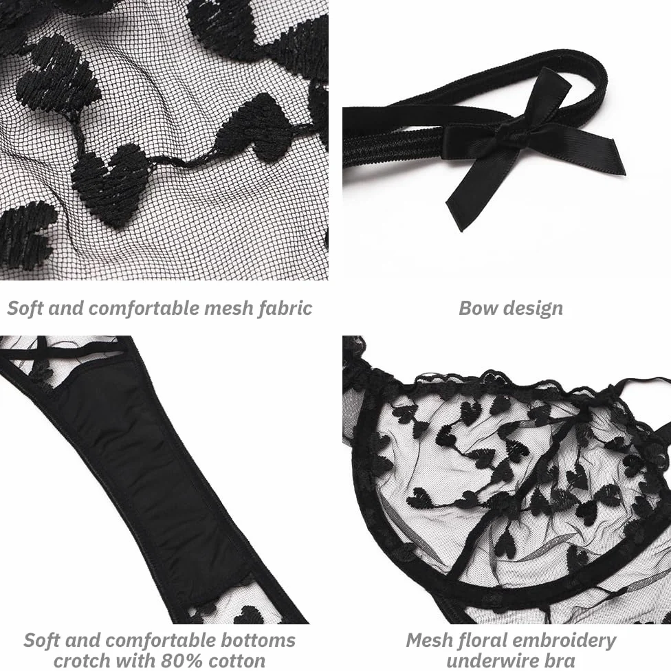 Conjunto de lencería Sexy de 2 Piezas para Mujer con Bordado Floral de corazón, Sujetador con Aros de Media Copa y Tanga, Sujetador Transparente de Malla para Mujer, Tanga a Juego, Bragas, Conjuntos
