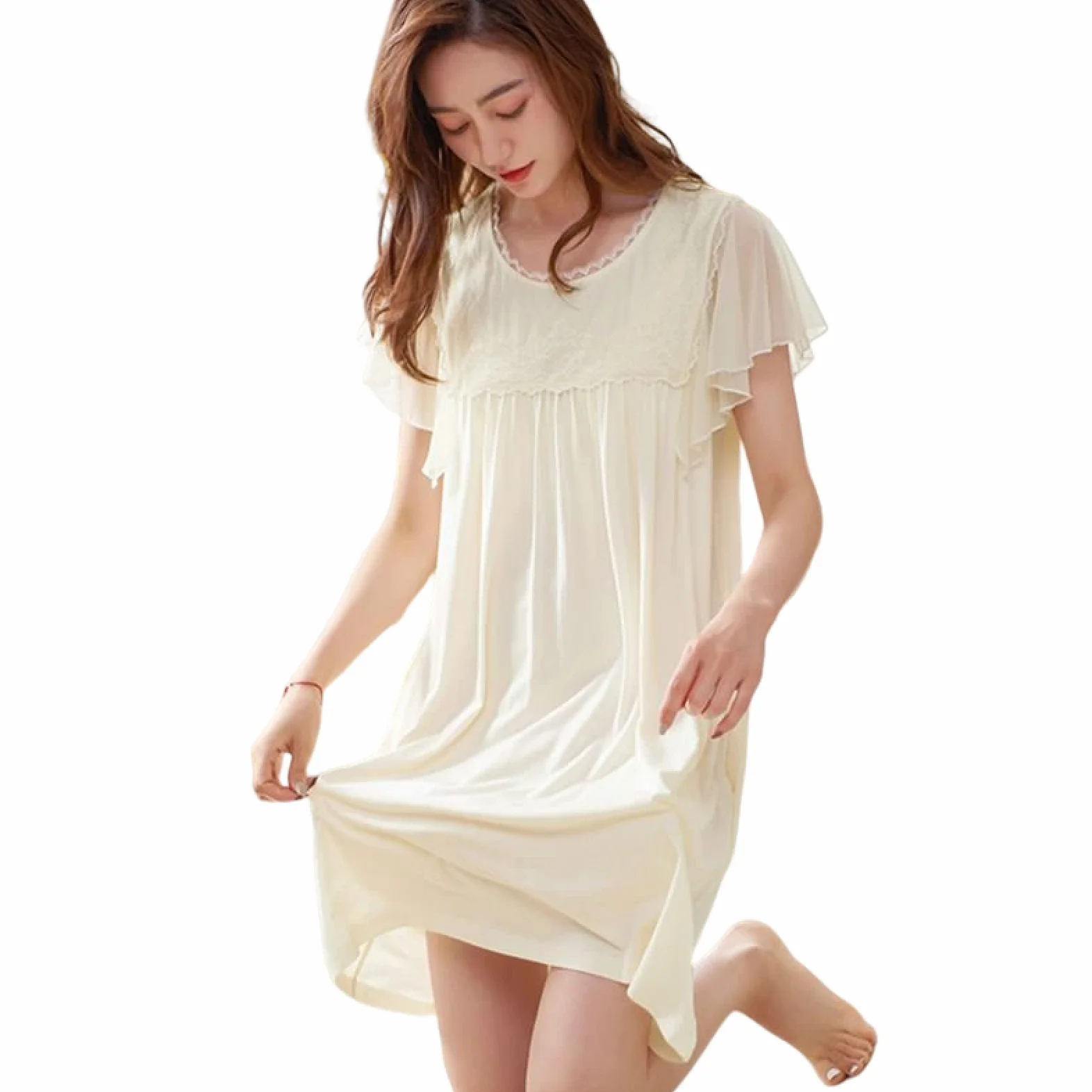OFFSUM Camisón De Pijama De Mujer - Ropa De Dormir De Cuello Redondo De Encaje De Verano De Longitud Media Estilo Princesa Color Sólido Casual Camisón Vestido De Talla Grande Loungewear